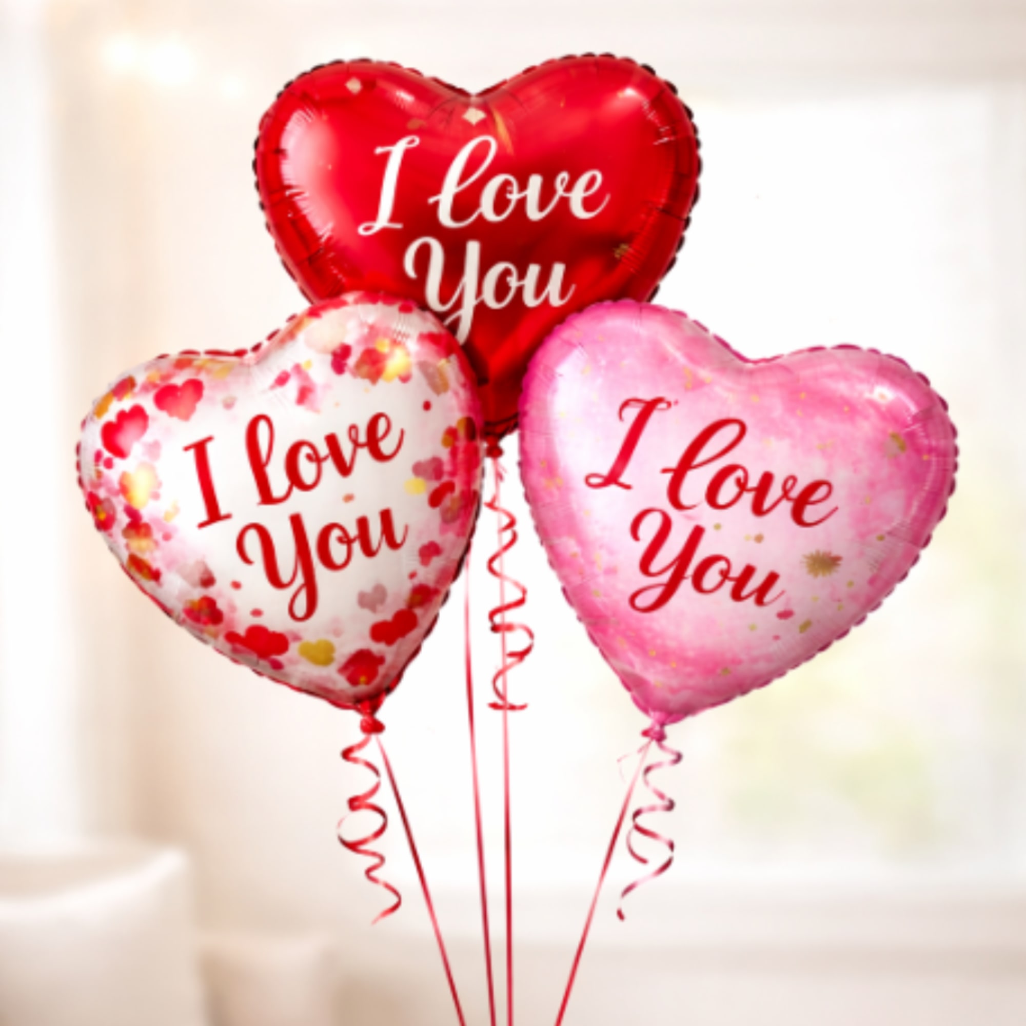 Three heart-shaped balloons with "I love you" text in red, white, and pink