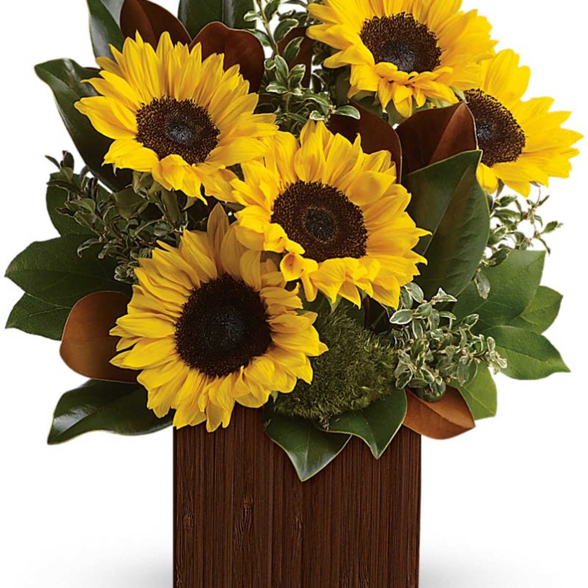Sunflower arrangement in a rectangular wooden container
