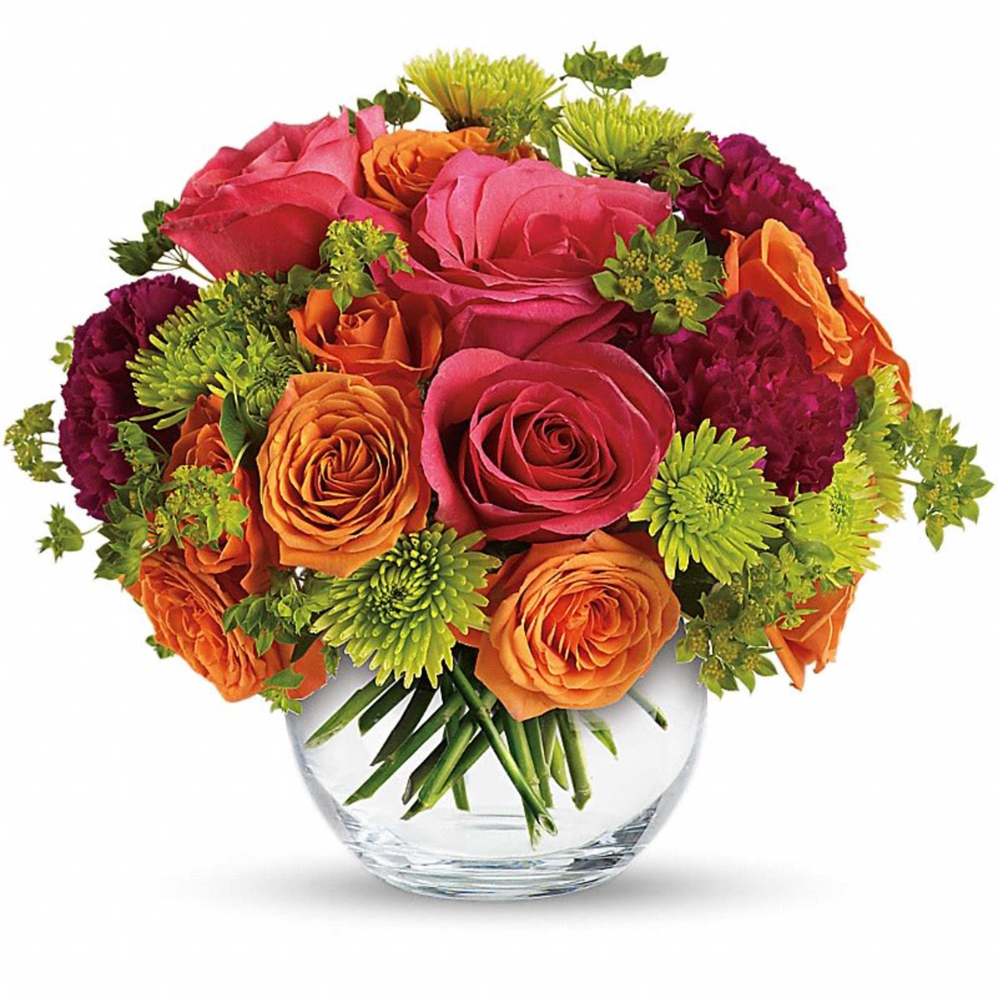 Bouquet of pink and orange roses in a clear glass vase