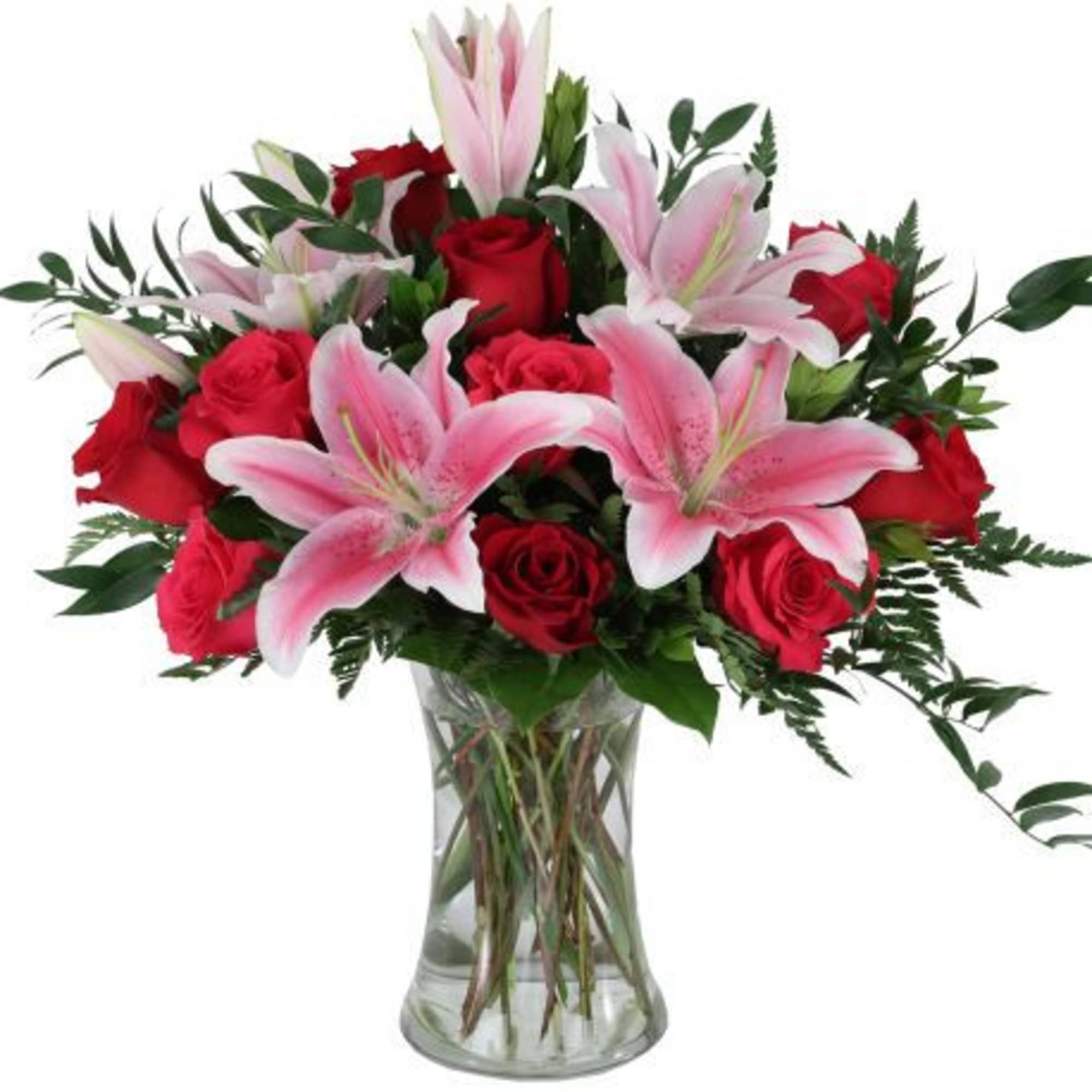 Our original Two Hearts arrangement showcases beautiful red  and pink roses