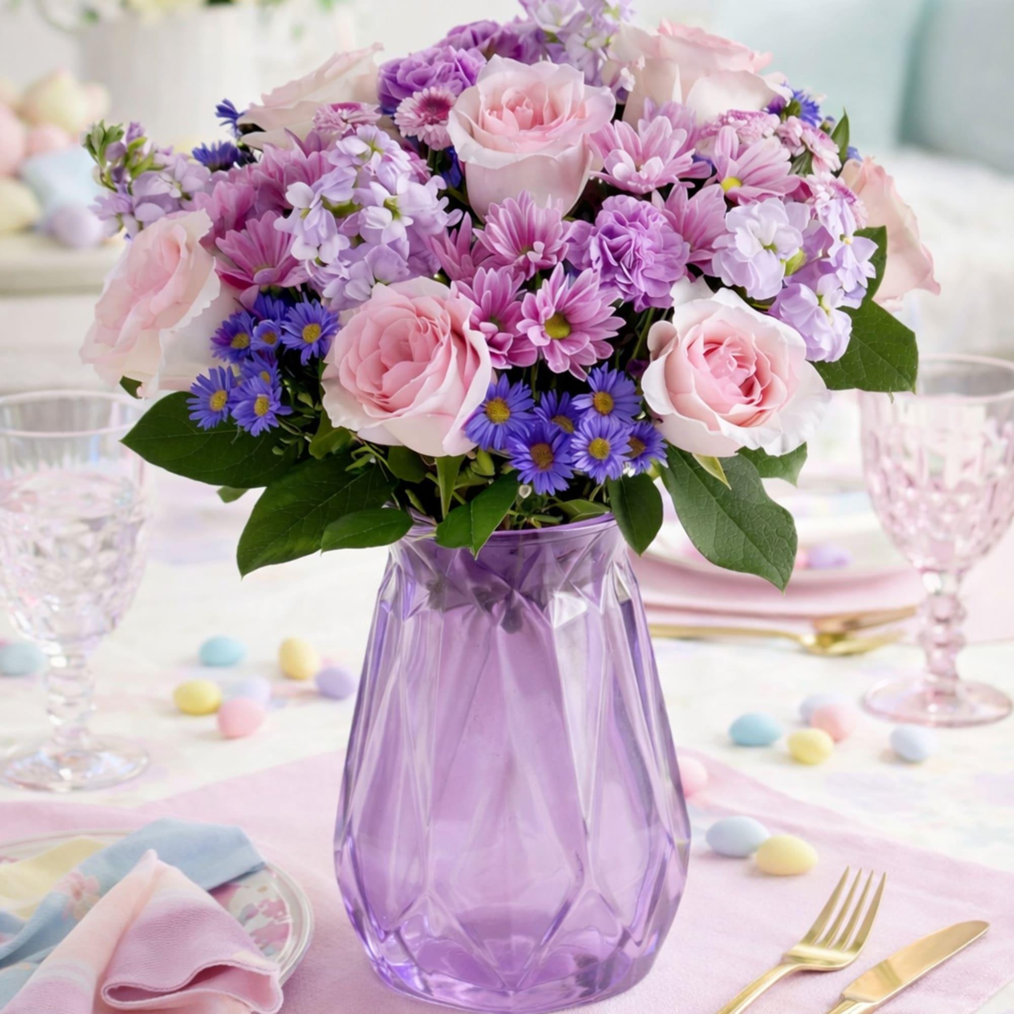 Pink and purple bouquet in a purple glass vase