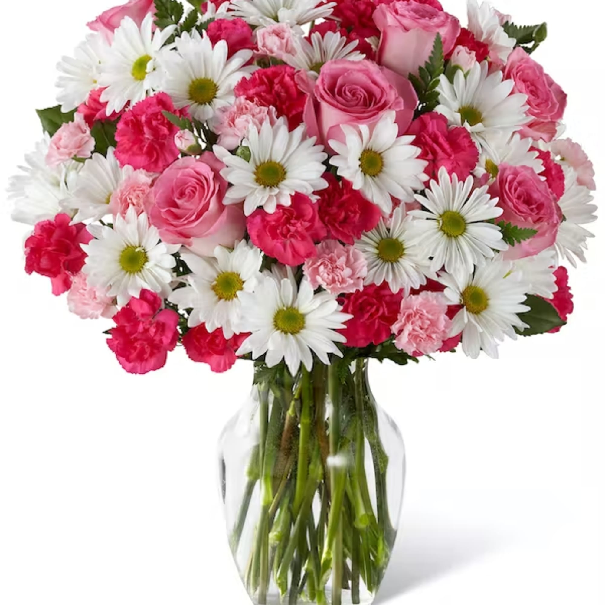 Pink roses, carnations, and white daisies in a glass vase