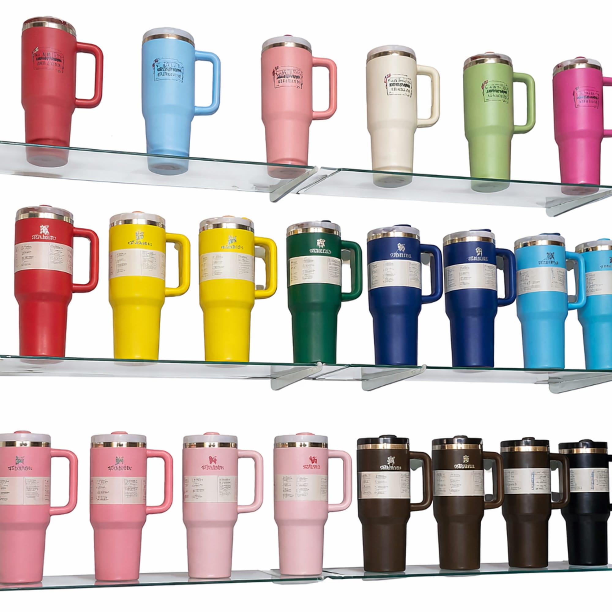 Rows of colorful handled travel tumblers displayed on glass shelves
