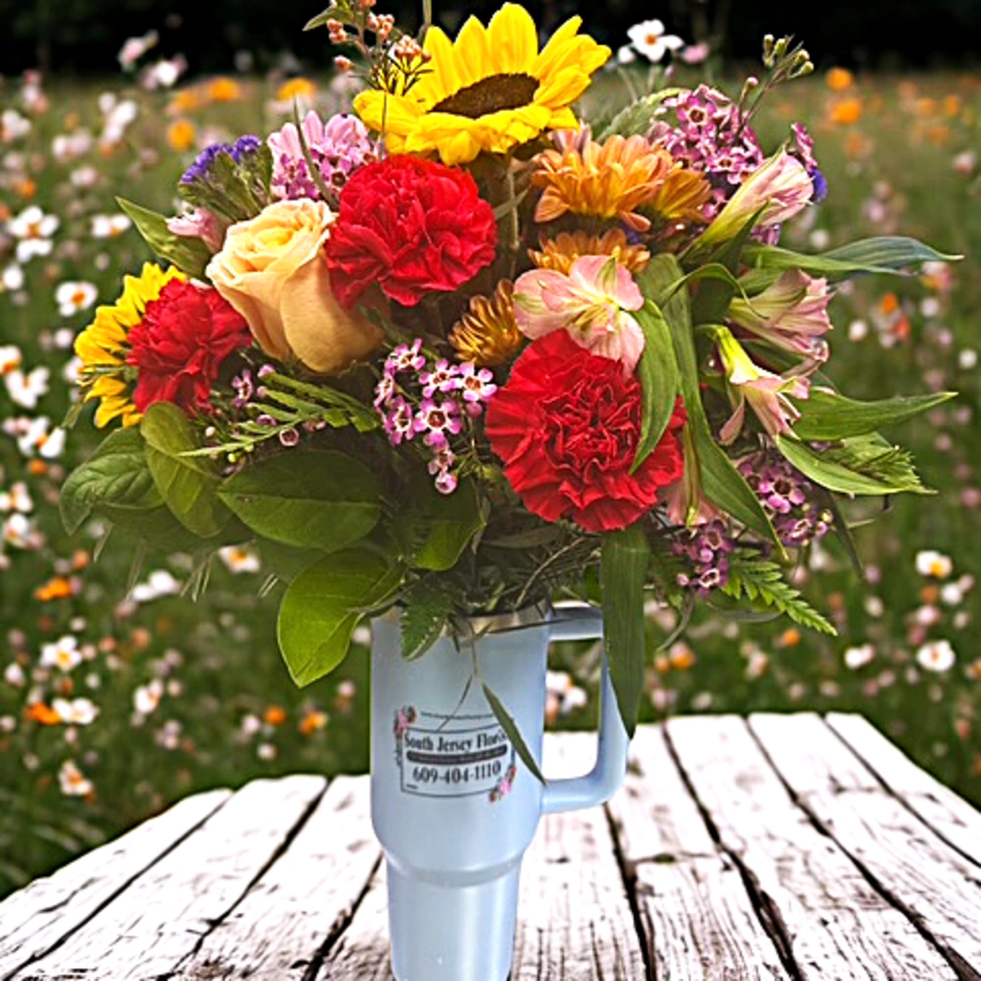Mixed bouquet in a light blue handled tumbler with a sunflower and red carnations