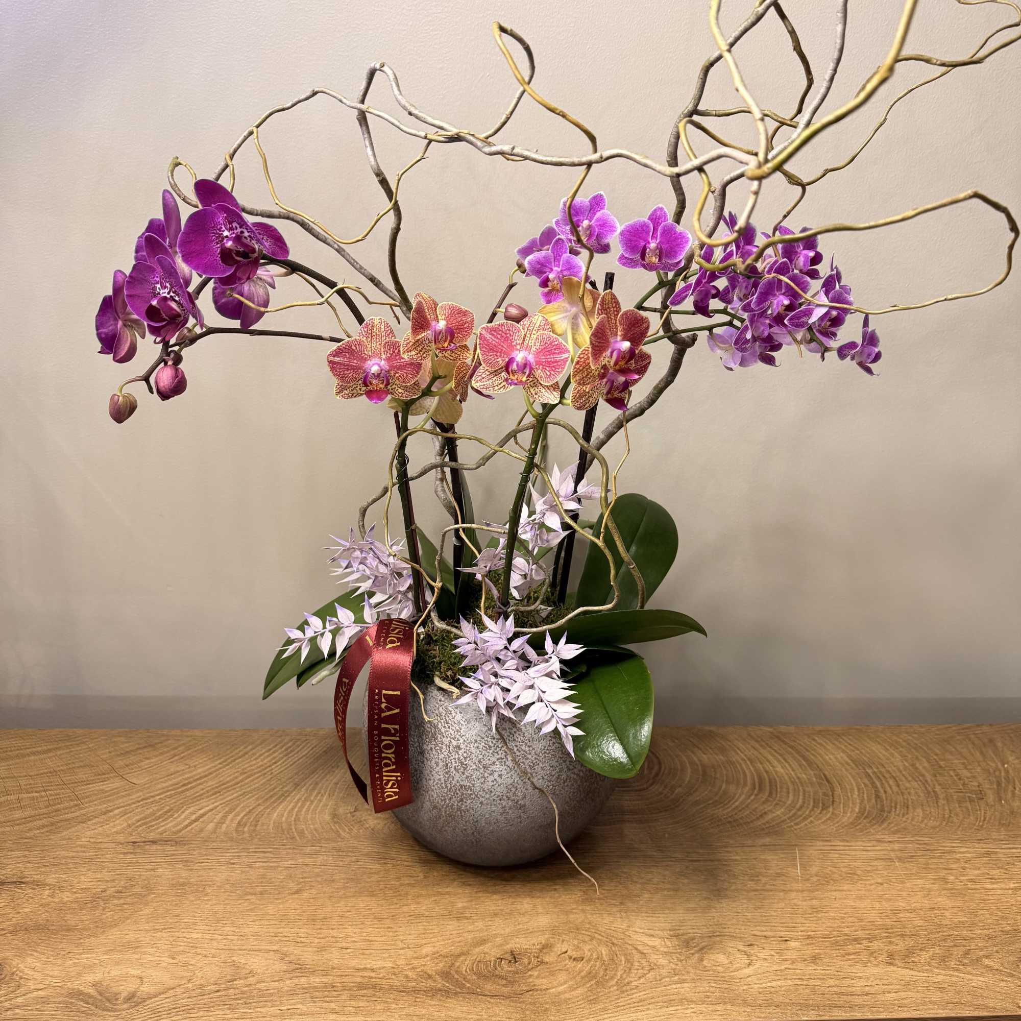 Orchid arrangement in a gray vase with curly branches
