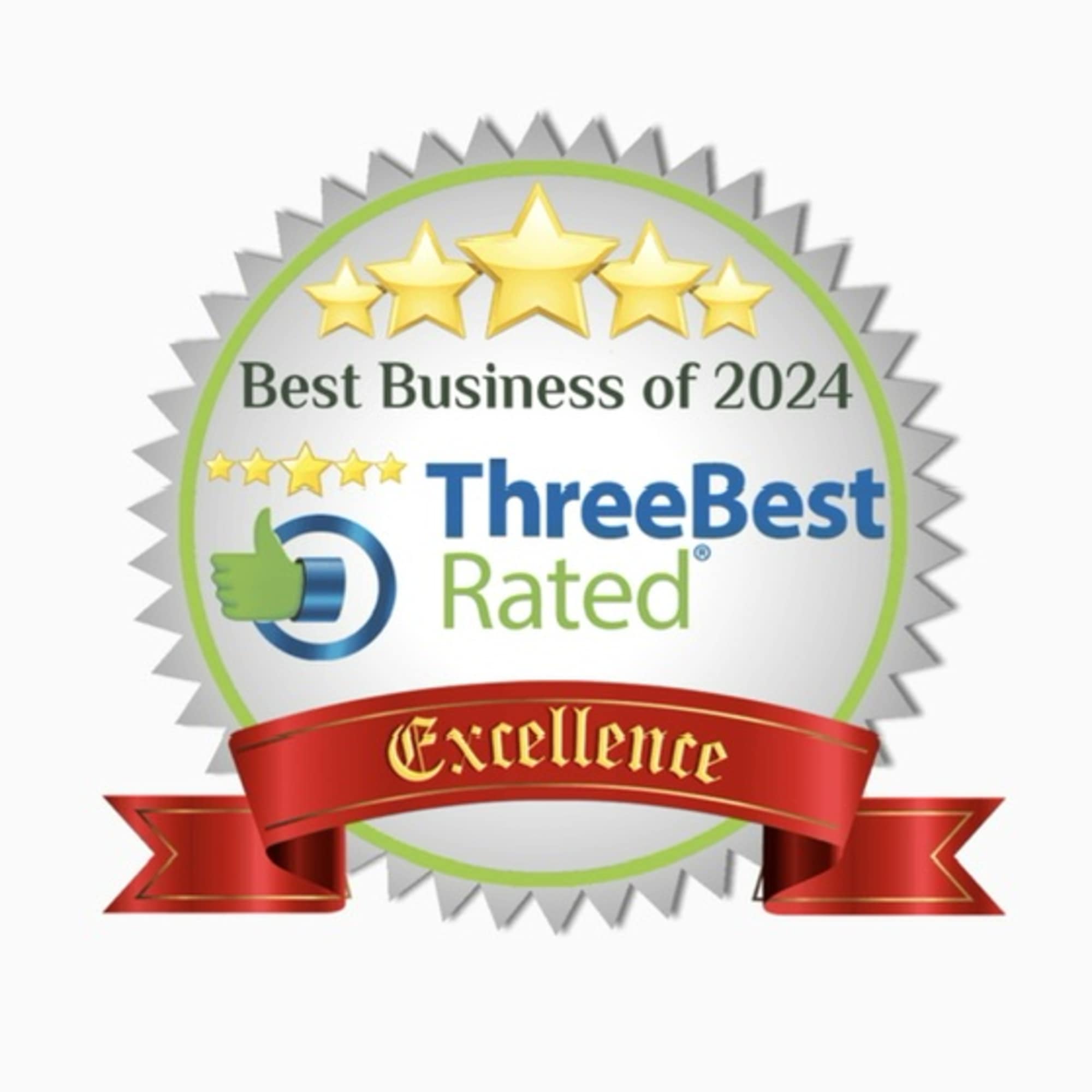 Best Business of 2024 award badge with stars and a red ribbon