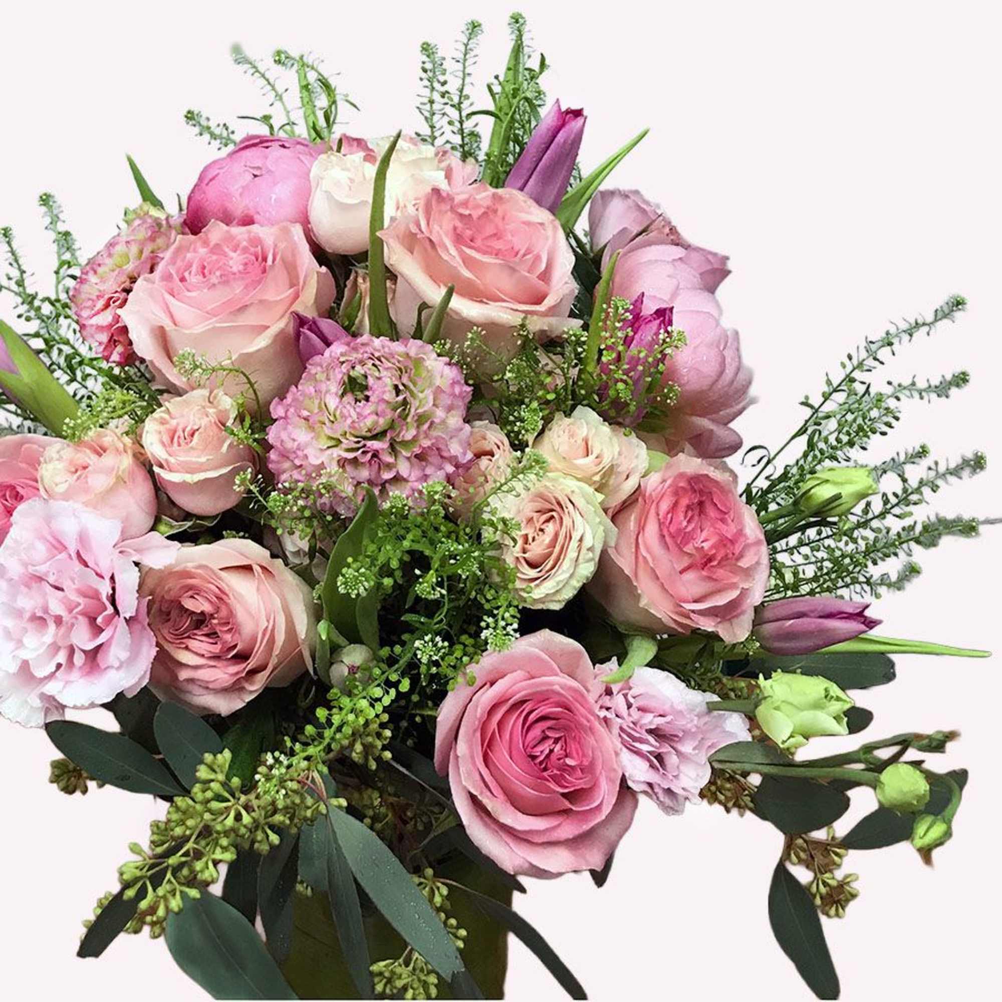 Pink and lavender bouquet of roses and mixed blooms