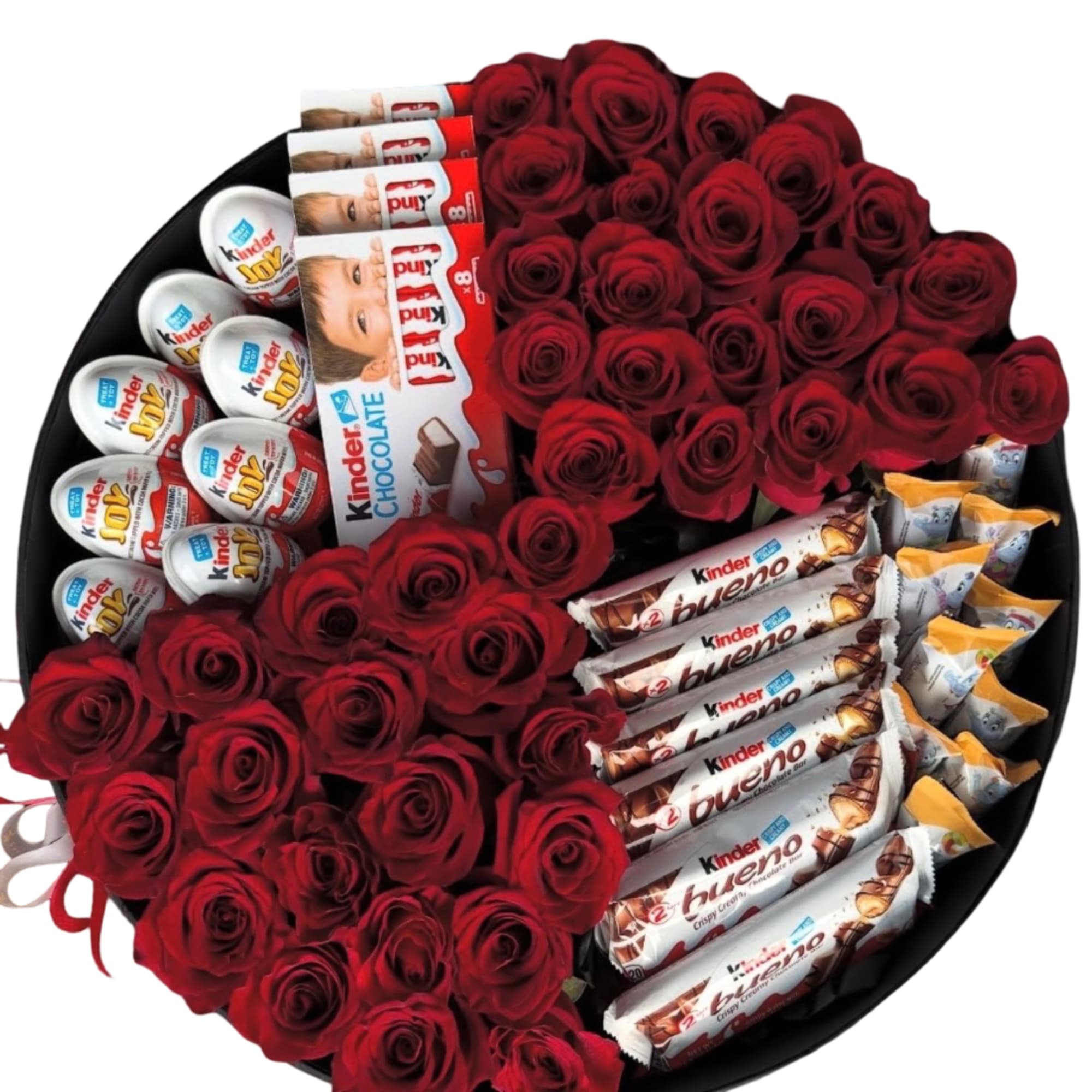 Round box of red roses with Kinder chocolates