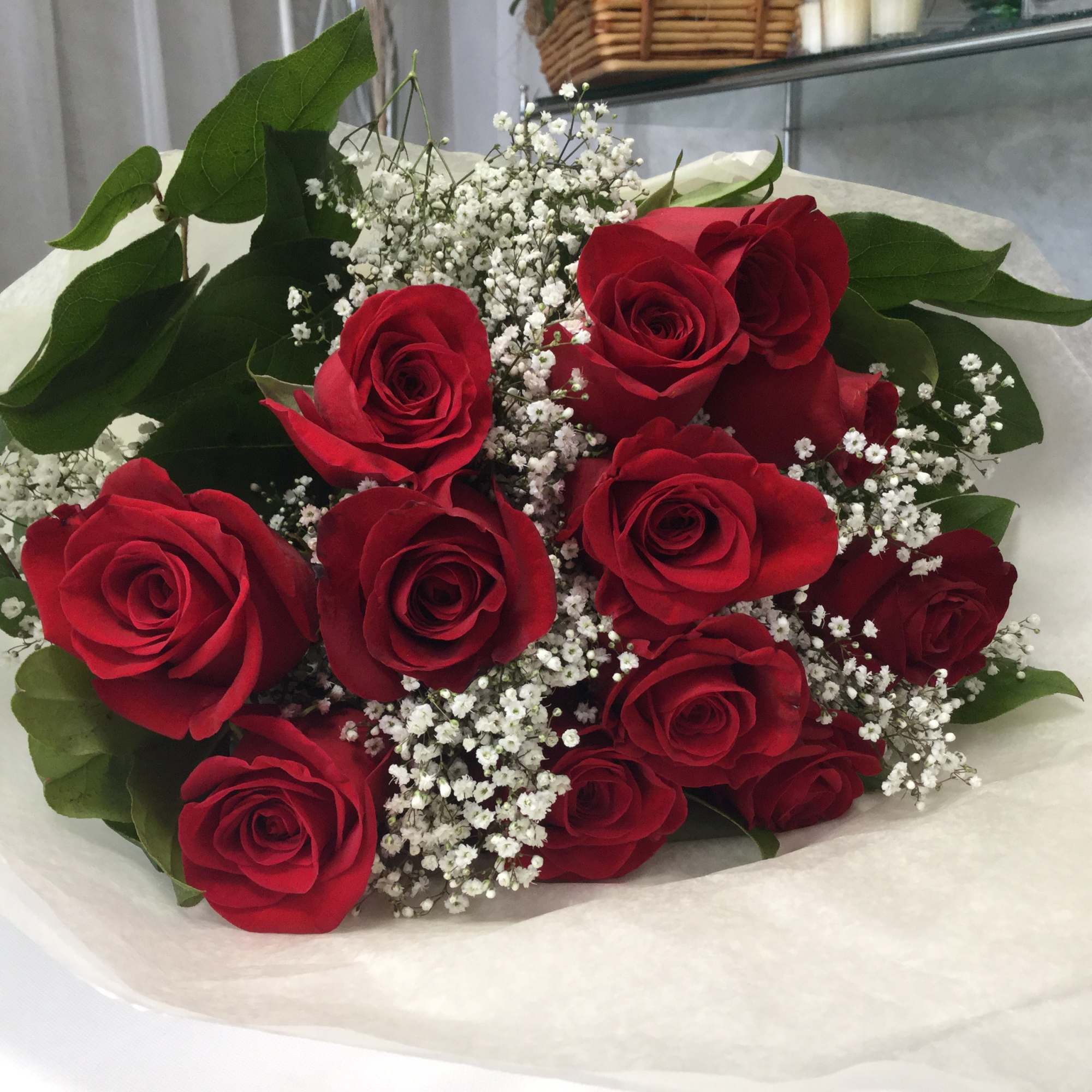 Bouquet of red roses with white baby's breath