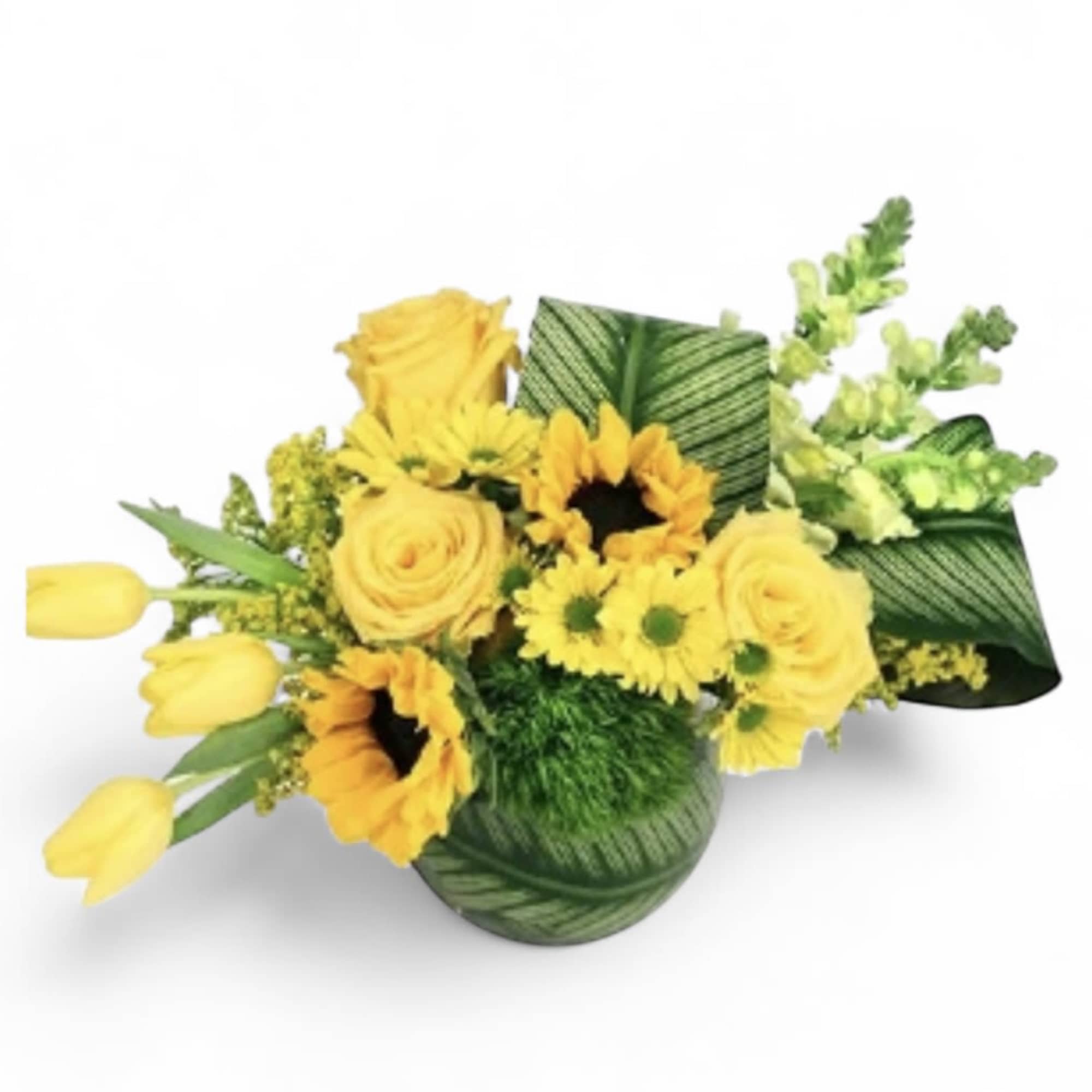 Yellow flowers arranged in a green patterned vase