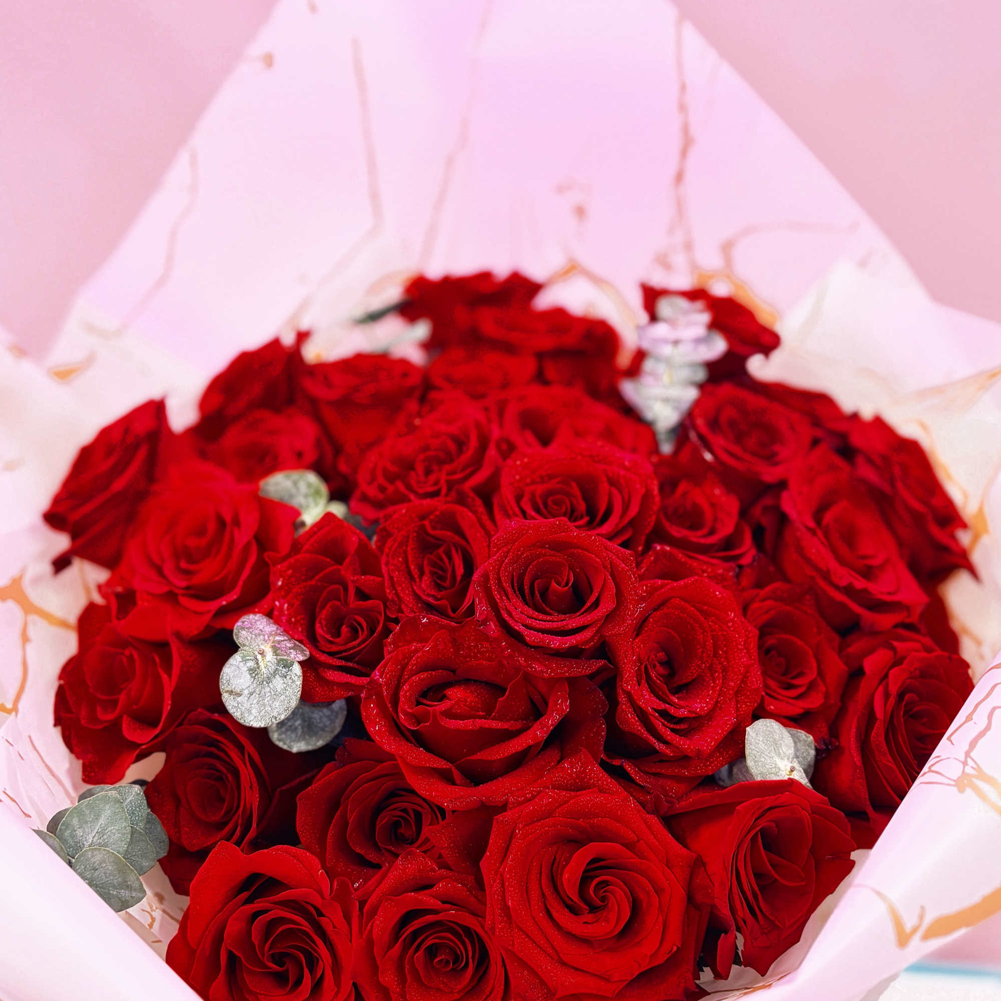 Bouquet of red roses wrapped in pale pink paper