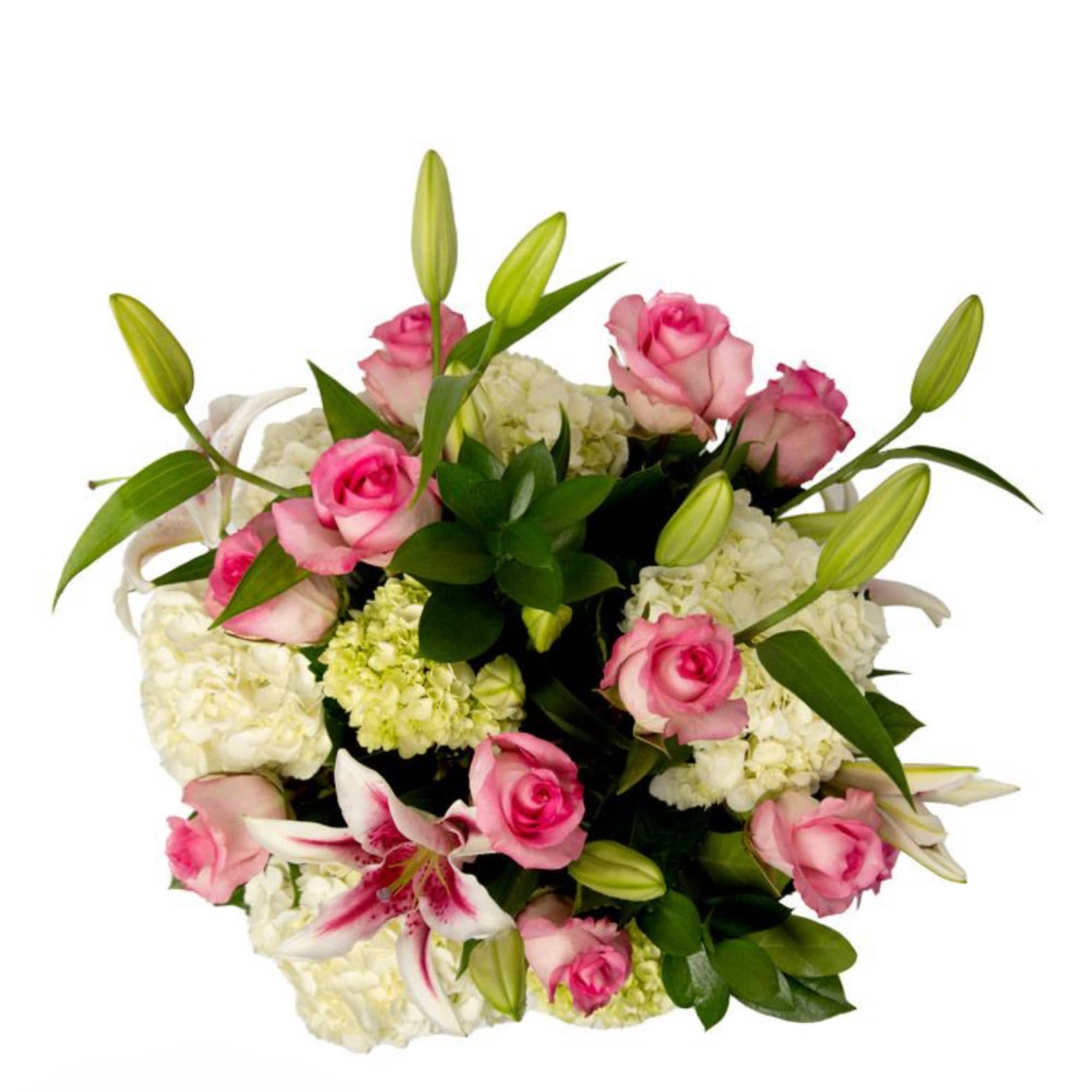 Pink roses and white lilies arranged with white hydrangeas