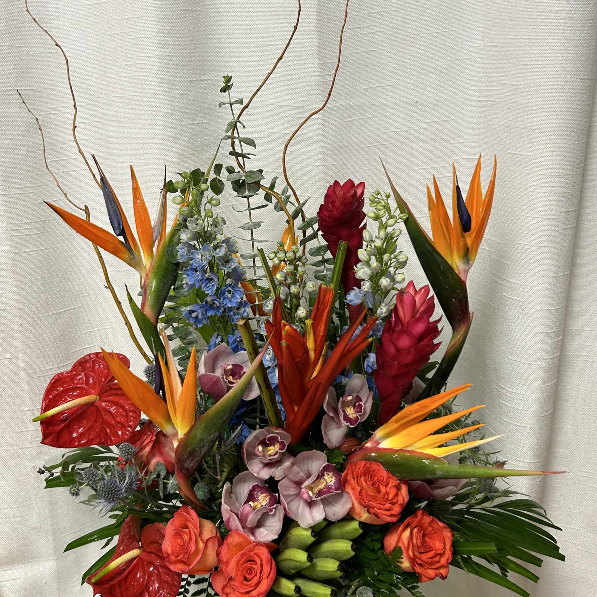 Tropical floral arrangement with orange bird-of-paradise, red anthurium, orchids, and roses in a vase