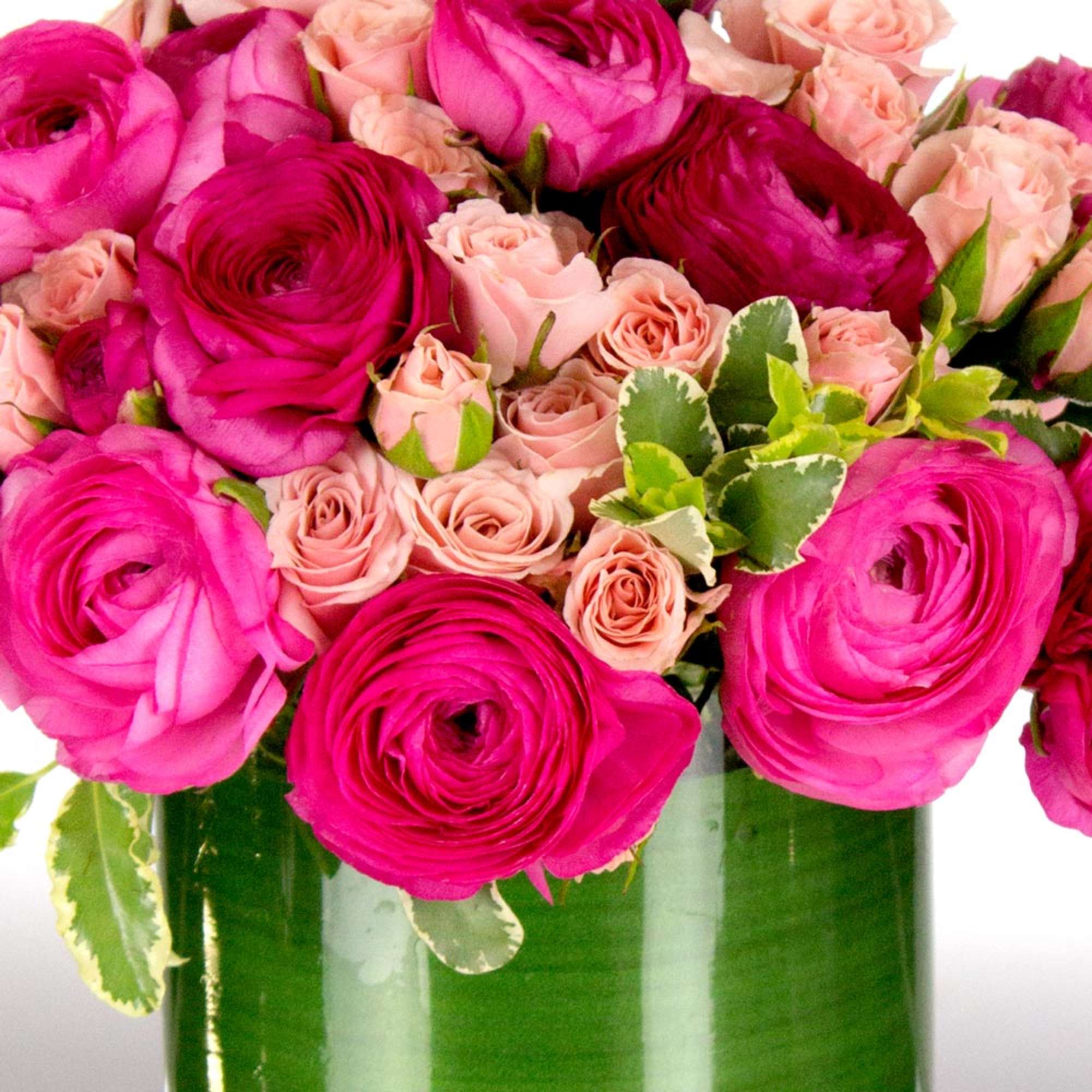 Pink ranunculus and blush spray roses tightly arranged in a green-lined glass cylinder vase