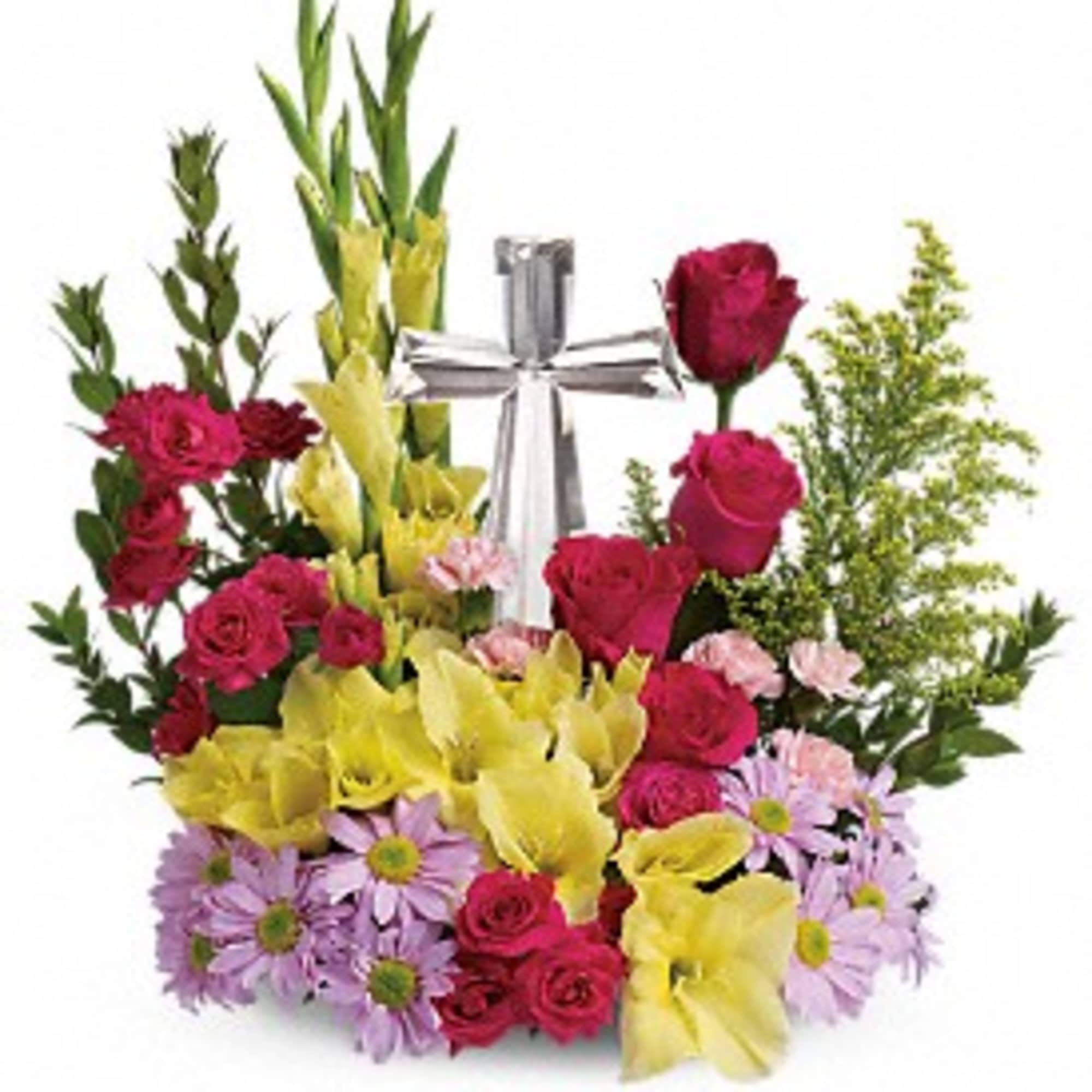 Mixed bouquet with roses, yellow calla lilies, and purple daisies around a silver ribbon