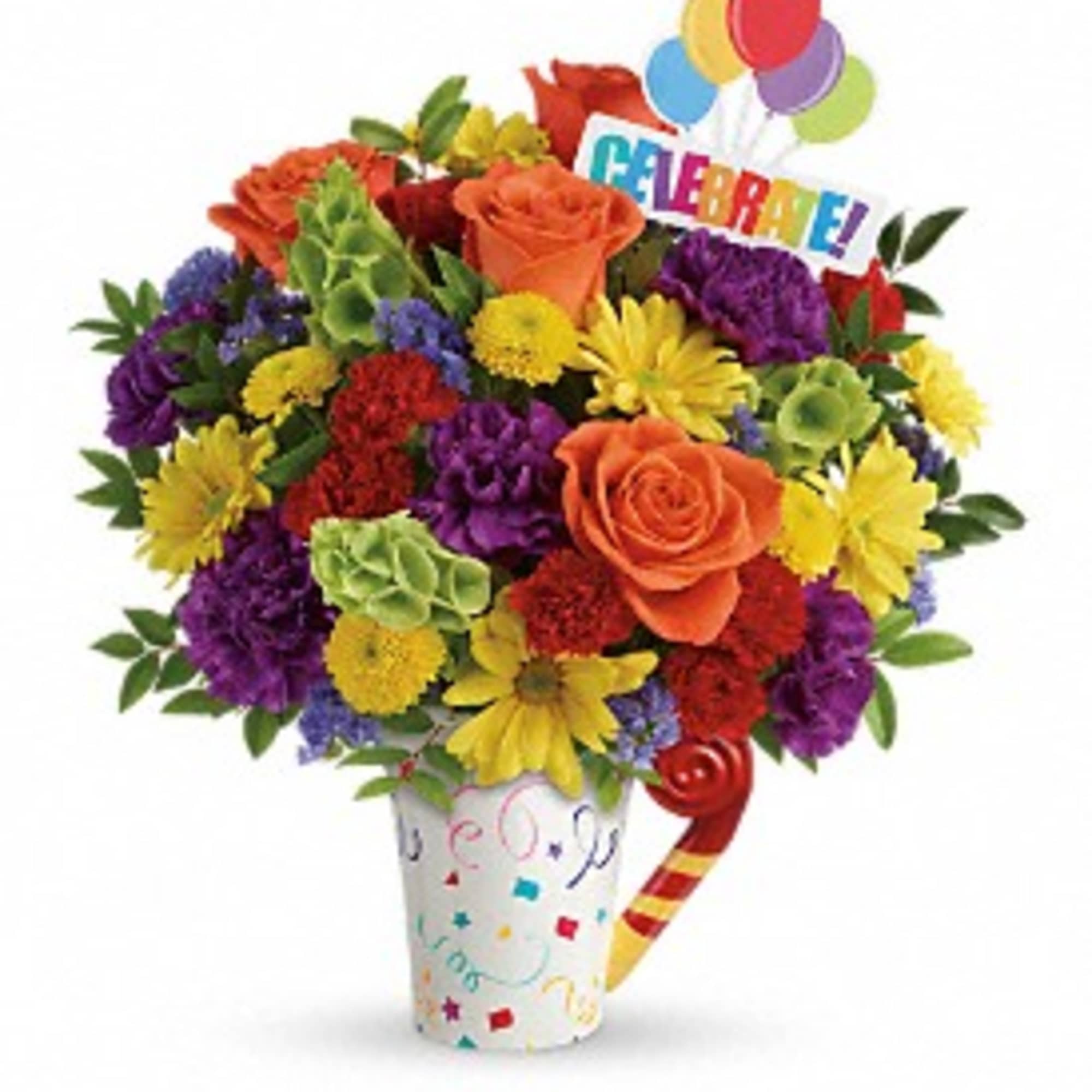 Colorful bouquet in a decorated mug with a "Celebrate!" topper and balloons