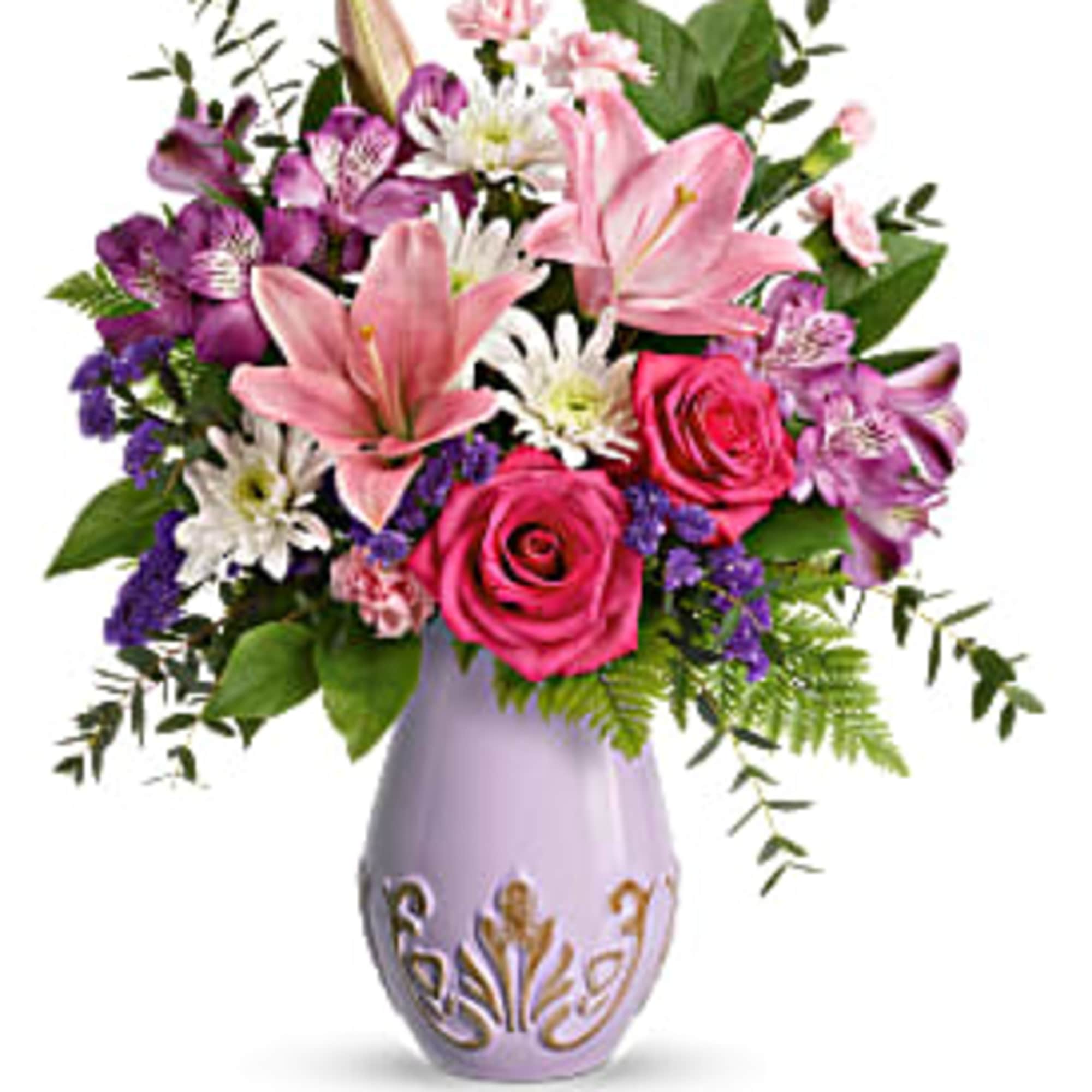 Pink lilies and roses in a lavender vase