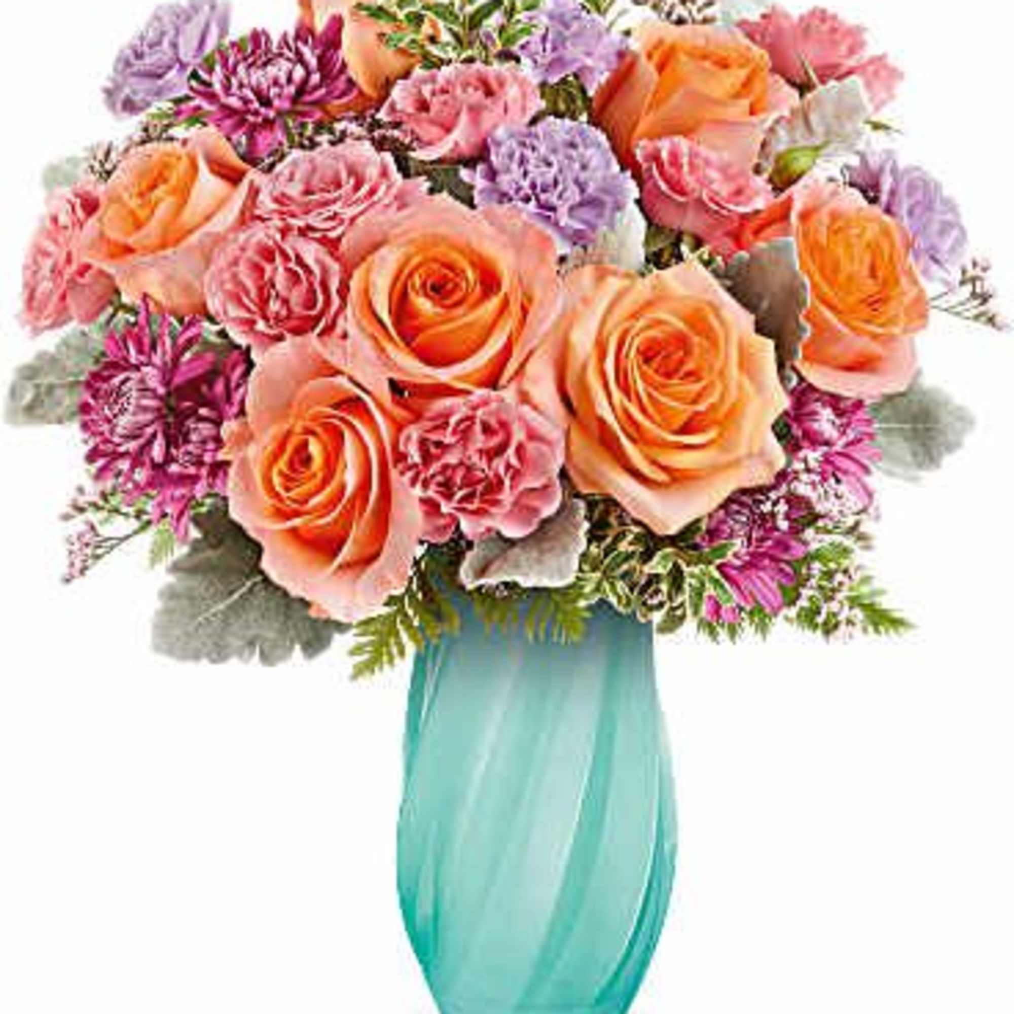 Bouquet of peach and pink roses with purple flowers in a turquoise vase