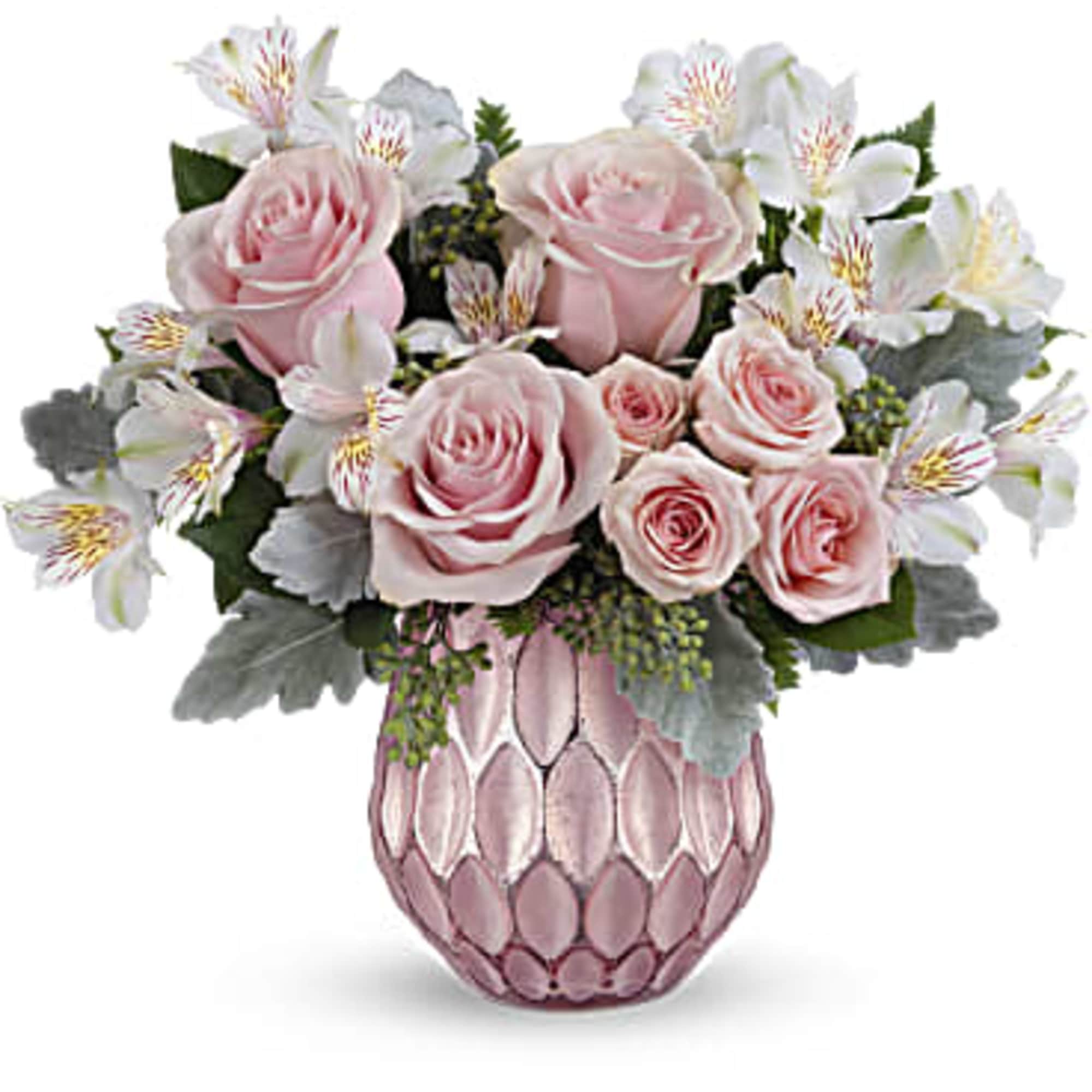 Pink roses and white flowers arranged in a pink textured vase