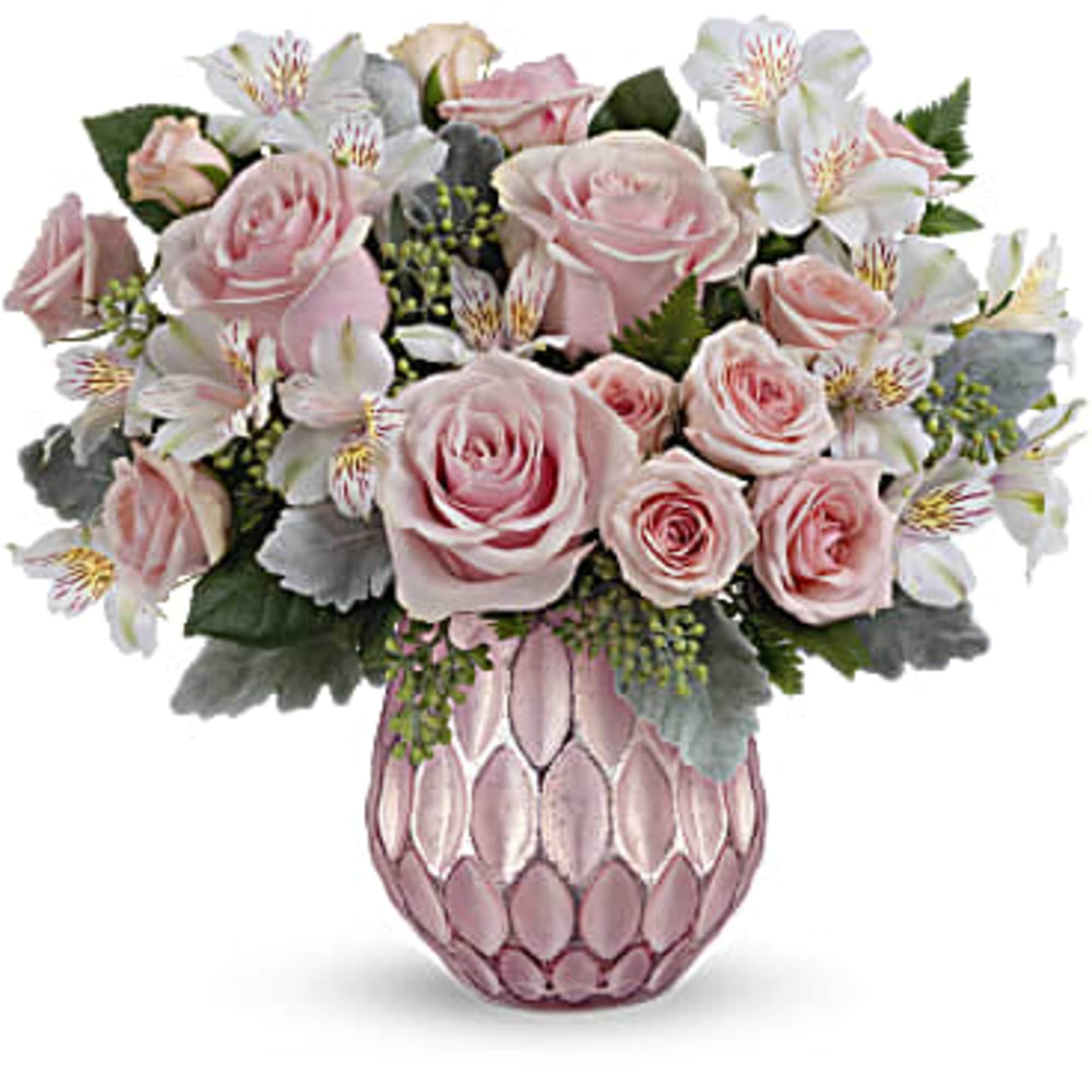 Pink roses and white flowers arranged in a pink textured vase