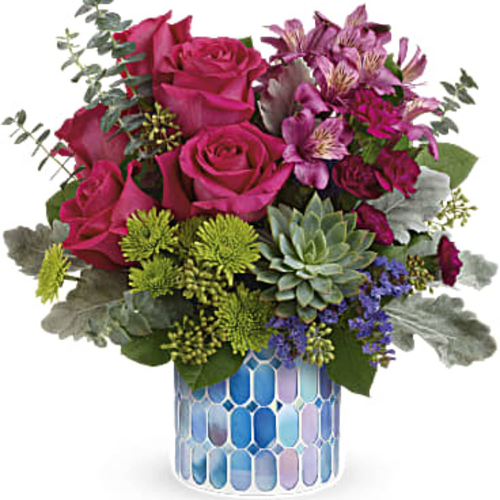 DESCRIPTION
VASE
SIZES
Presented in a shimmering mosaic vase of blue stained glass, this cheerful