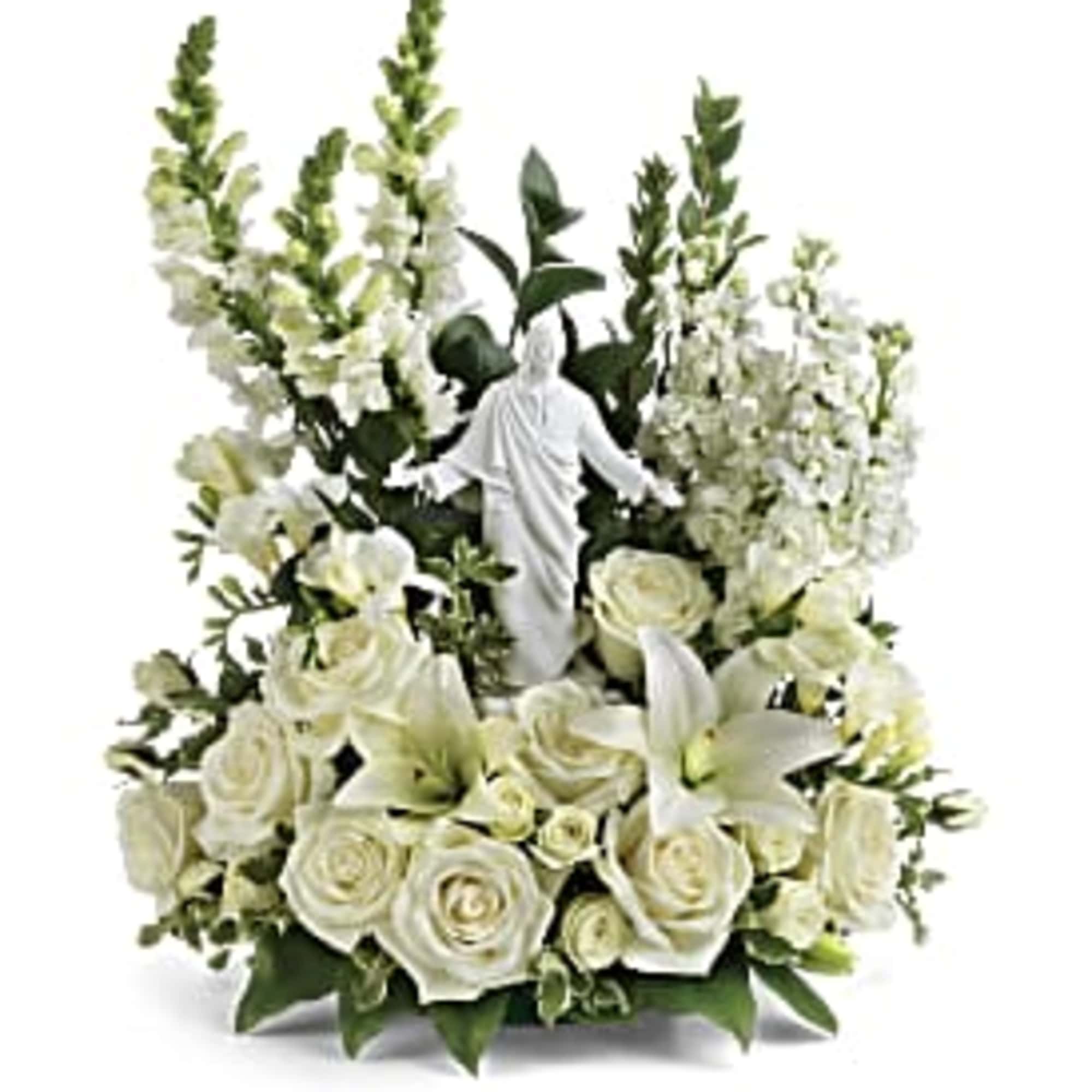 This exquisite porcelain sculpture of Jesus surrounded by radiant flowers will be