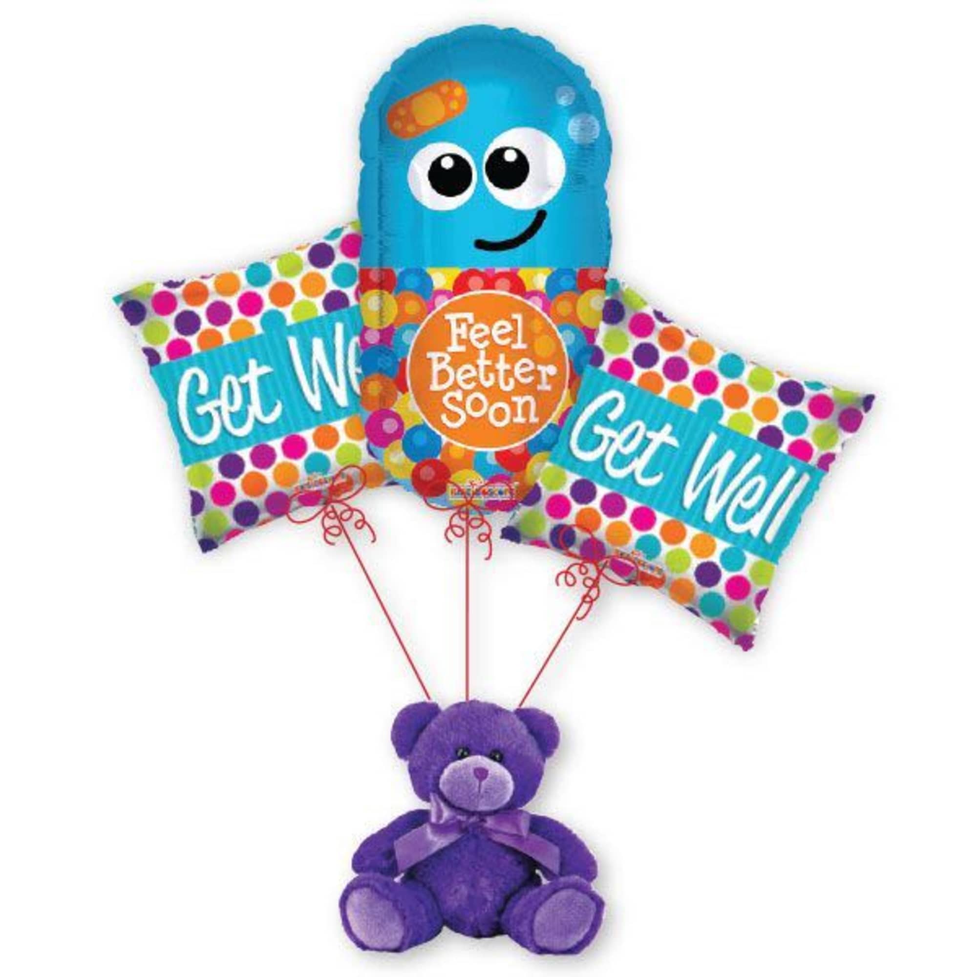 Purple teddy bear holding colorful get well balloons