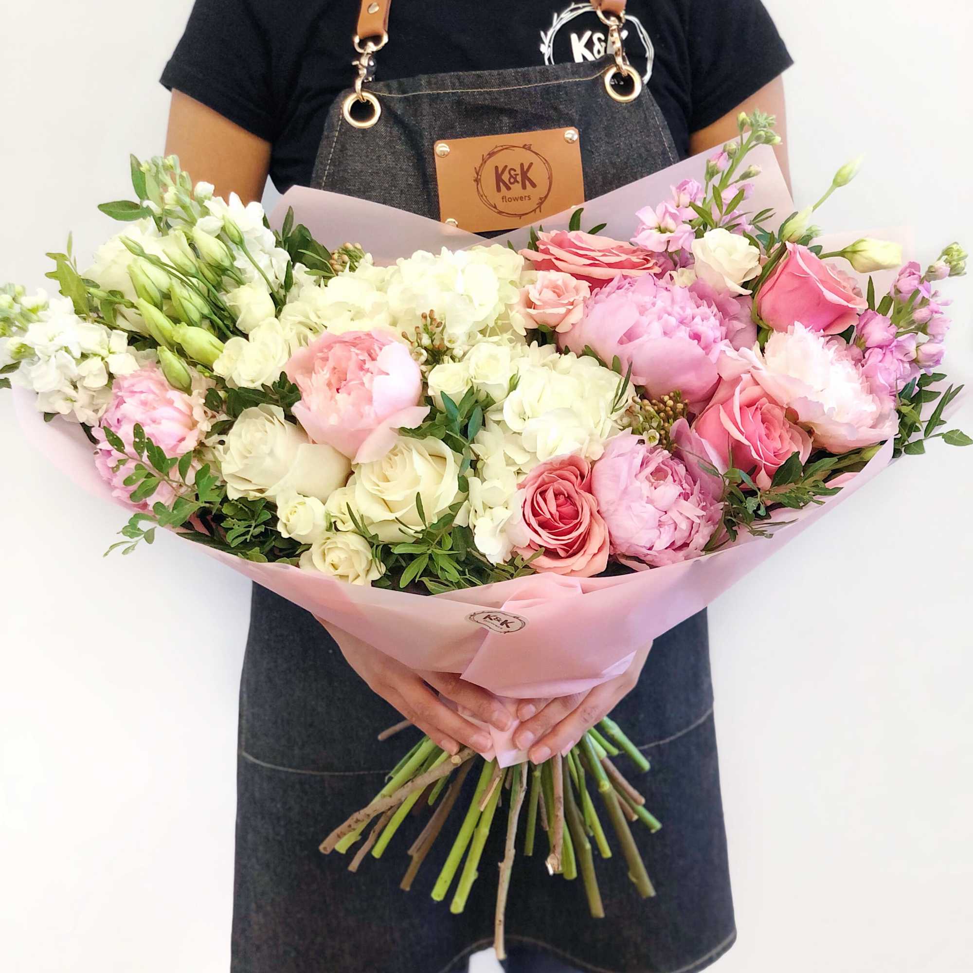 Mixed flowers bouquet with Peonies, from romantic and gentle to an edgy