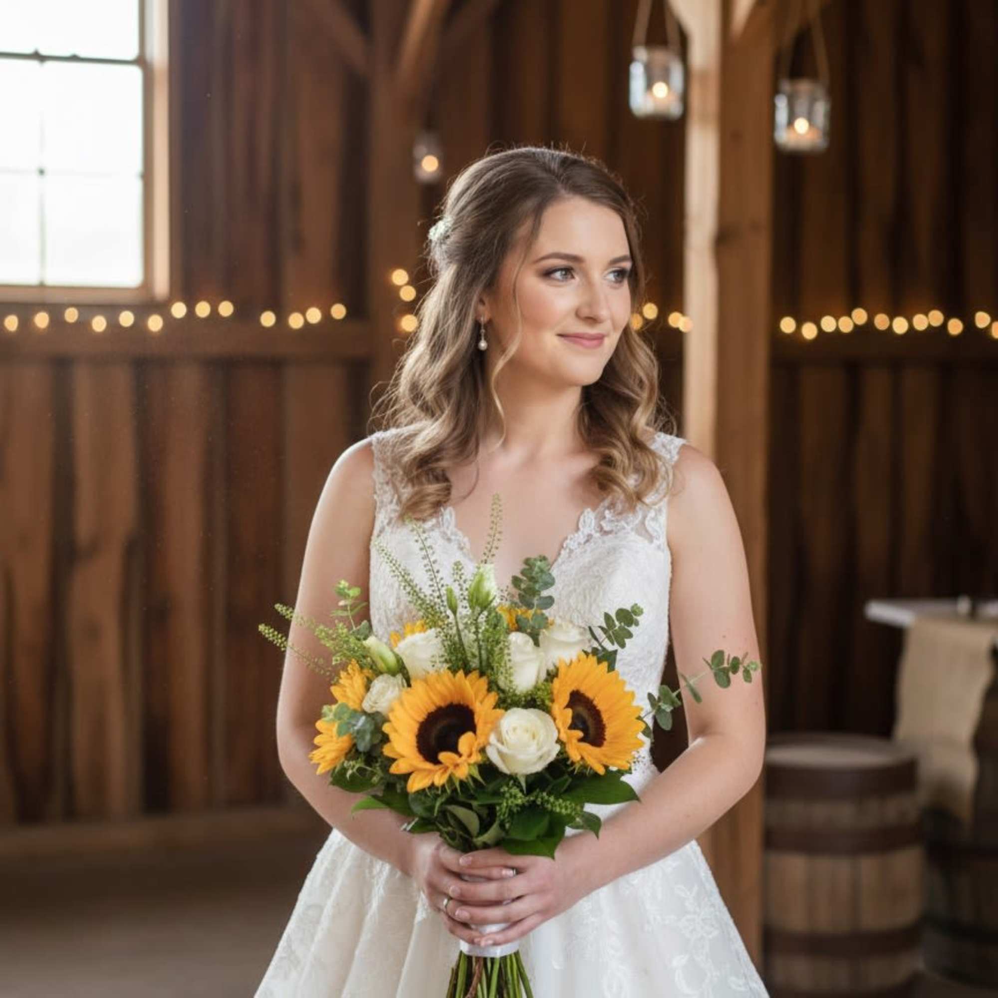 Bride holding a bouquet of sunflowers and white roses