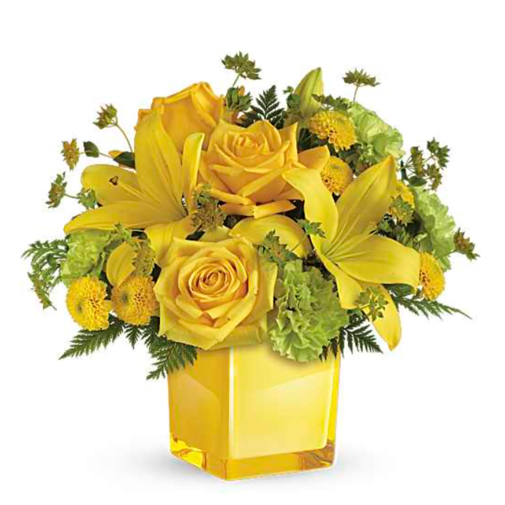 This bright bouquet includes yellow roses, yellow Asiatic lilies, green carnations, yellow