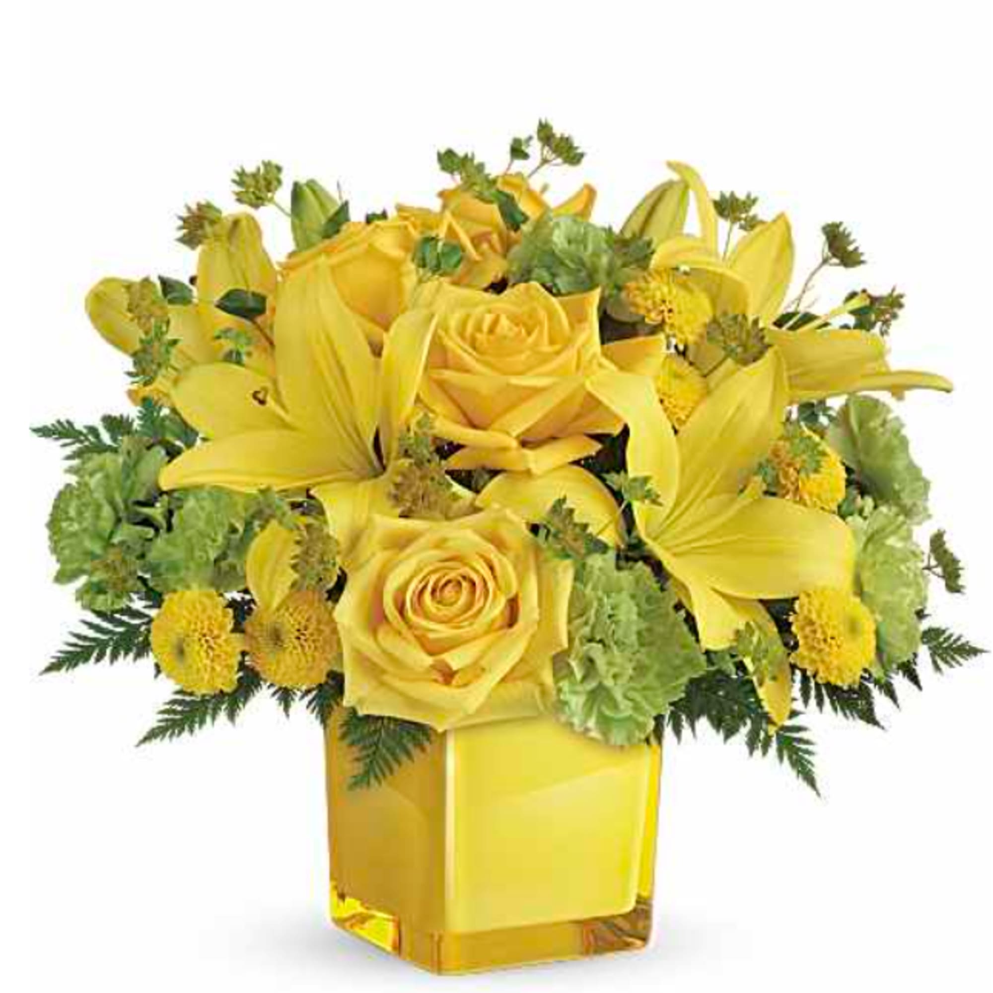 This bright bouquet includes yellow roses, yellow Asiatic lilies, green carnations, yellow