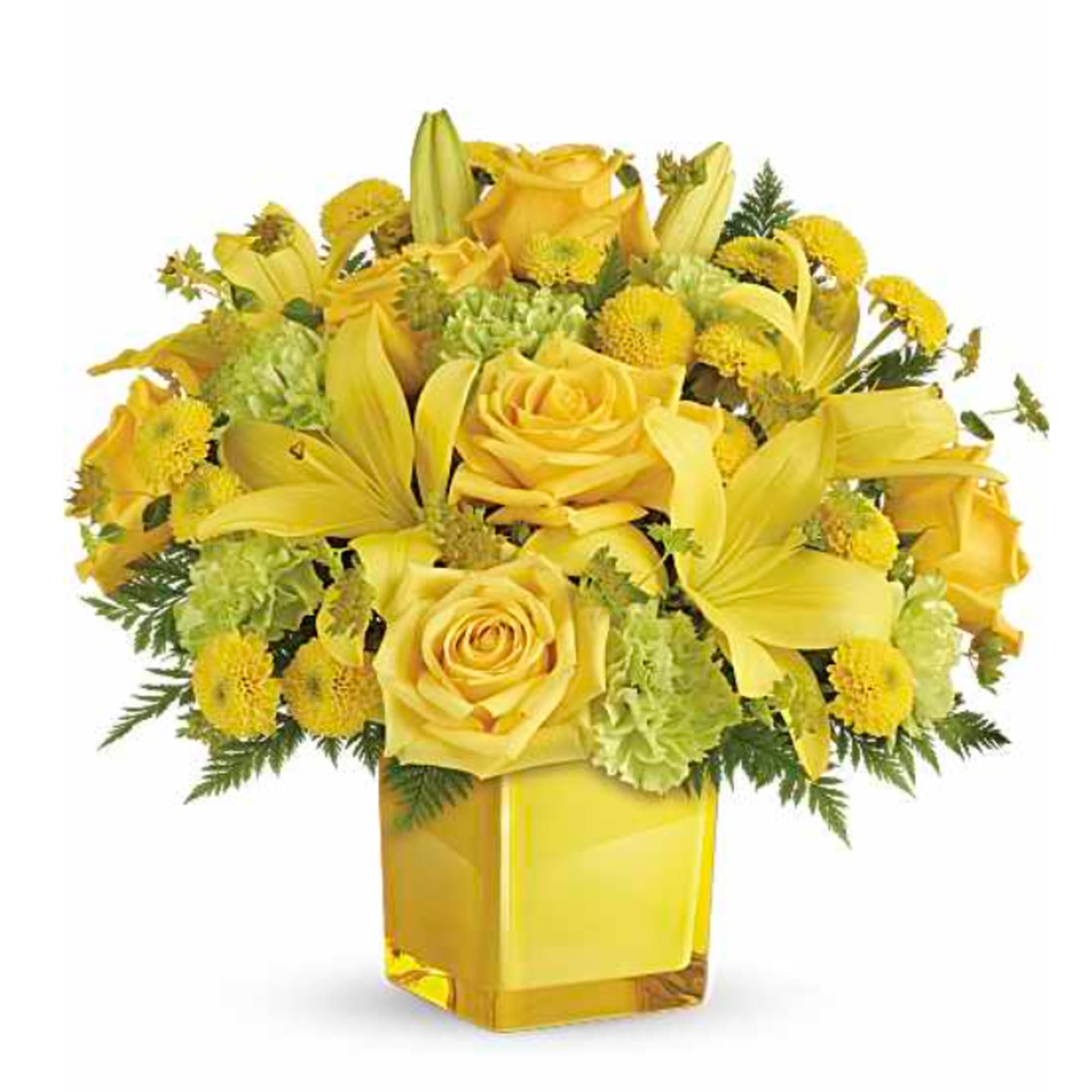 This bright bouquet includes yellow roses, yellow Asiatic lilies, green carnations, yellow