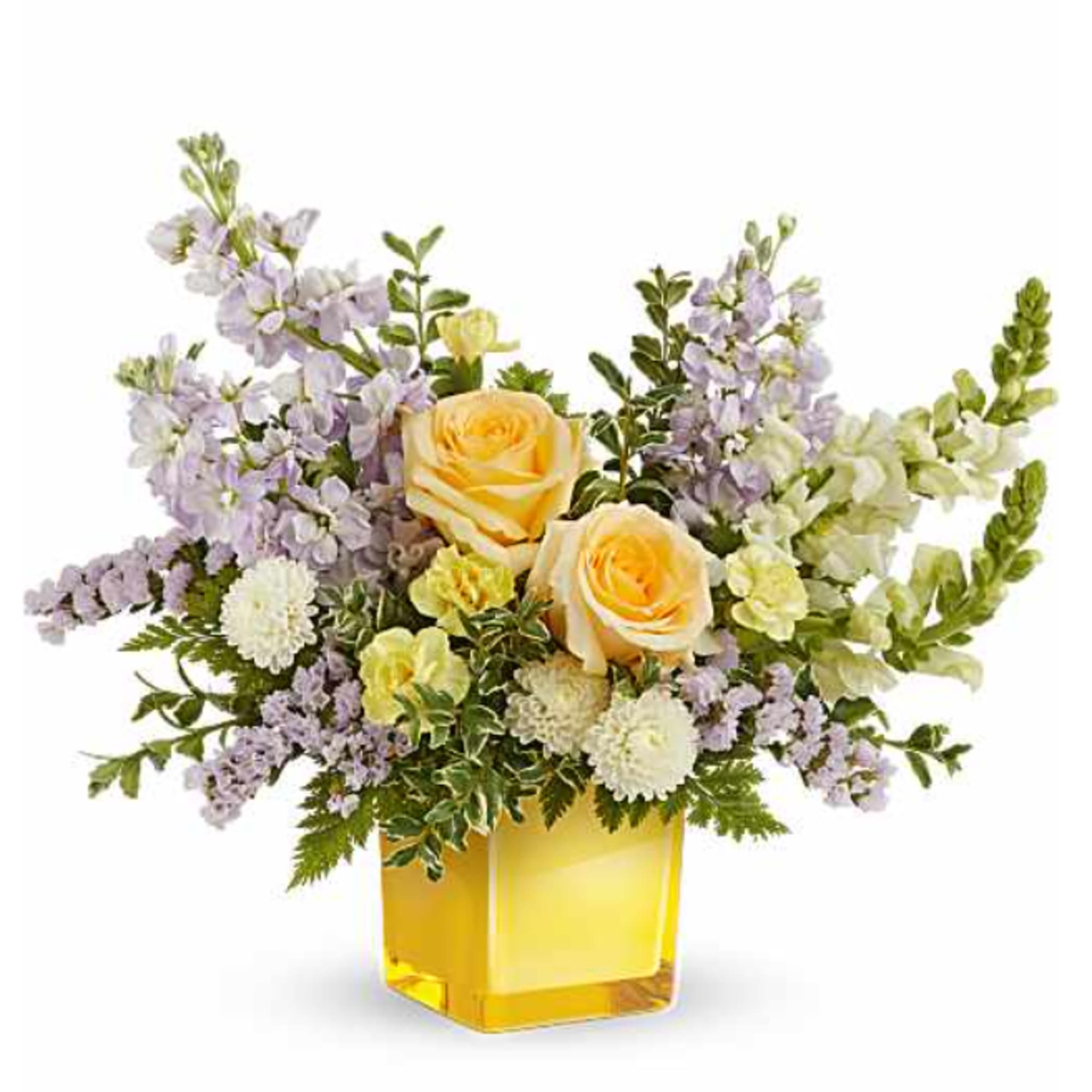 Teleflora's Sunshine Dreams Bouquet features yellow roses, yellow miniature carnations, lavender stock