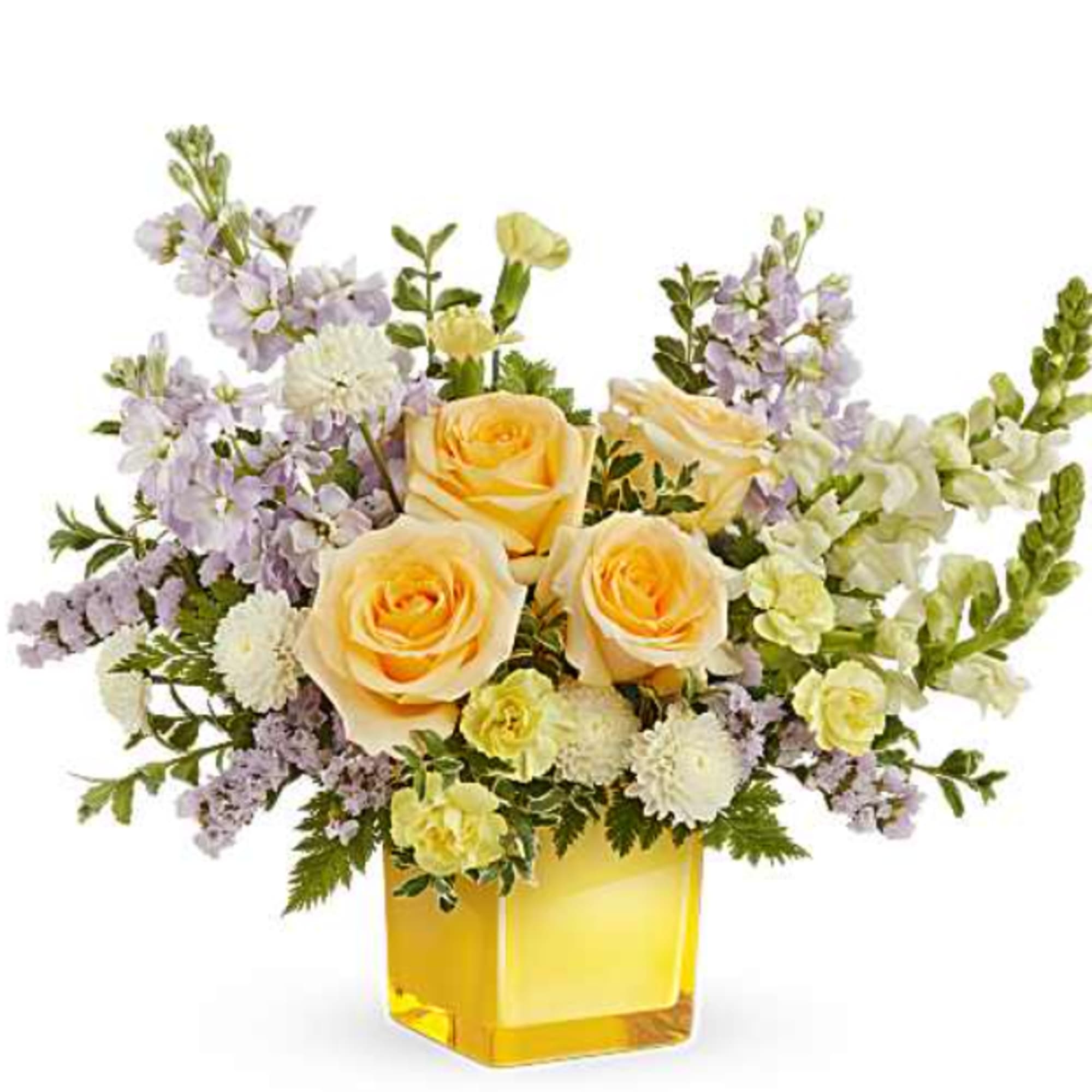 Teleflora's Sunshine Dreams Bouquet features yellow roses, yellow miniature carnations, lavender stock