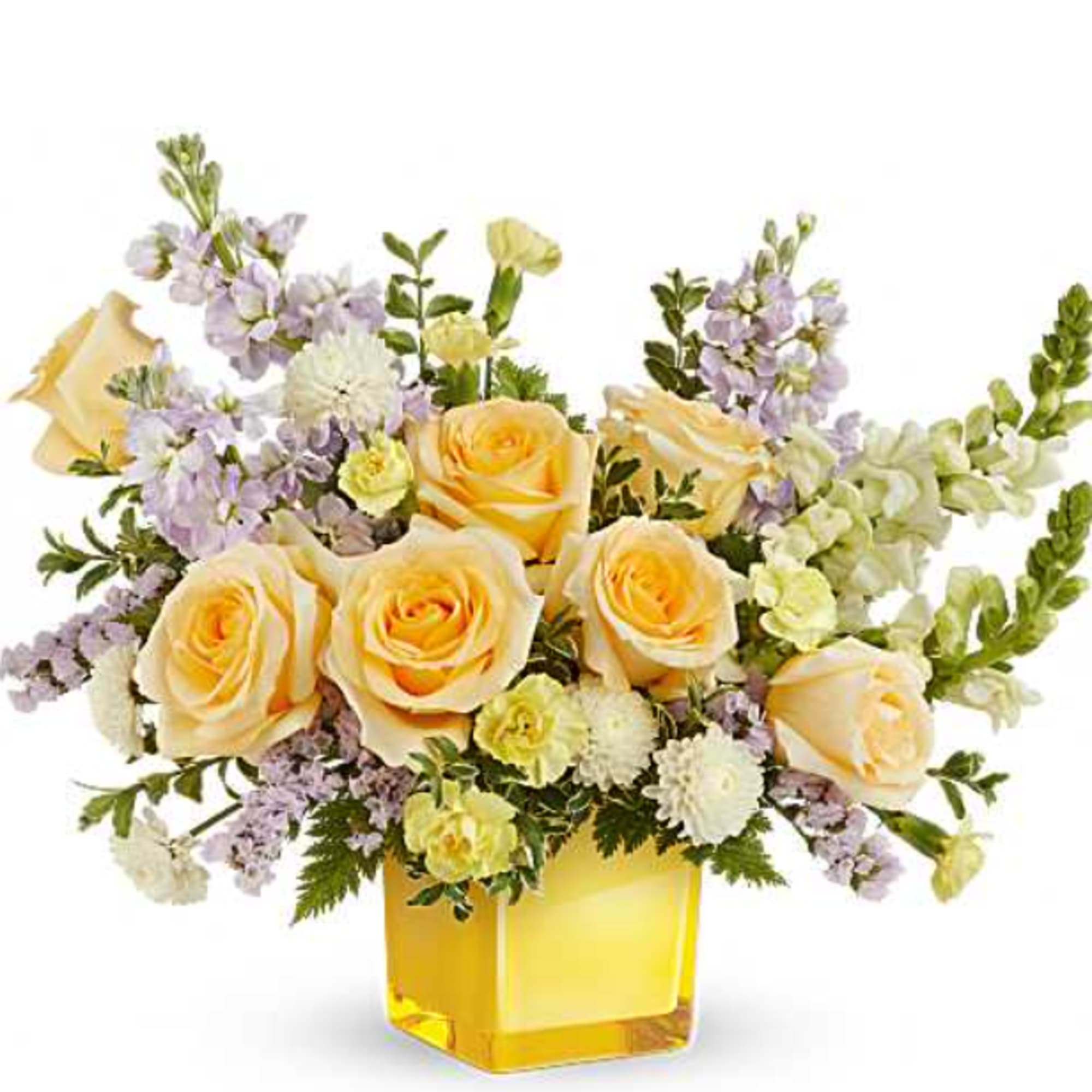 Teleflora's Sunshine Dreams Bouquet features yellow roses, yellow miniature carnations, lavender stock