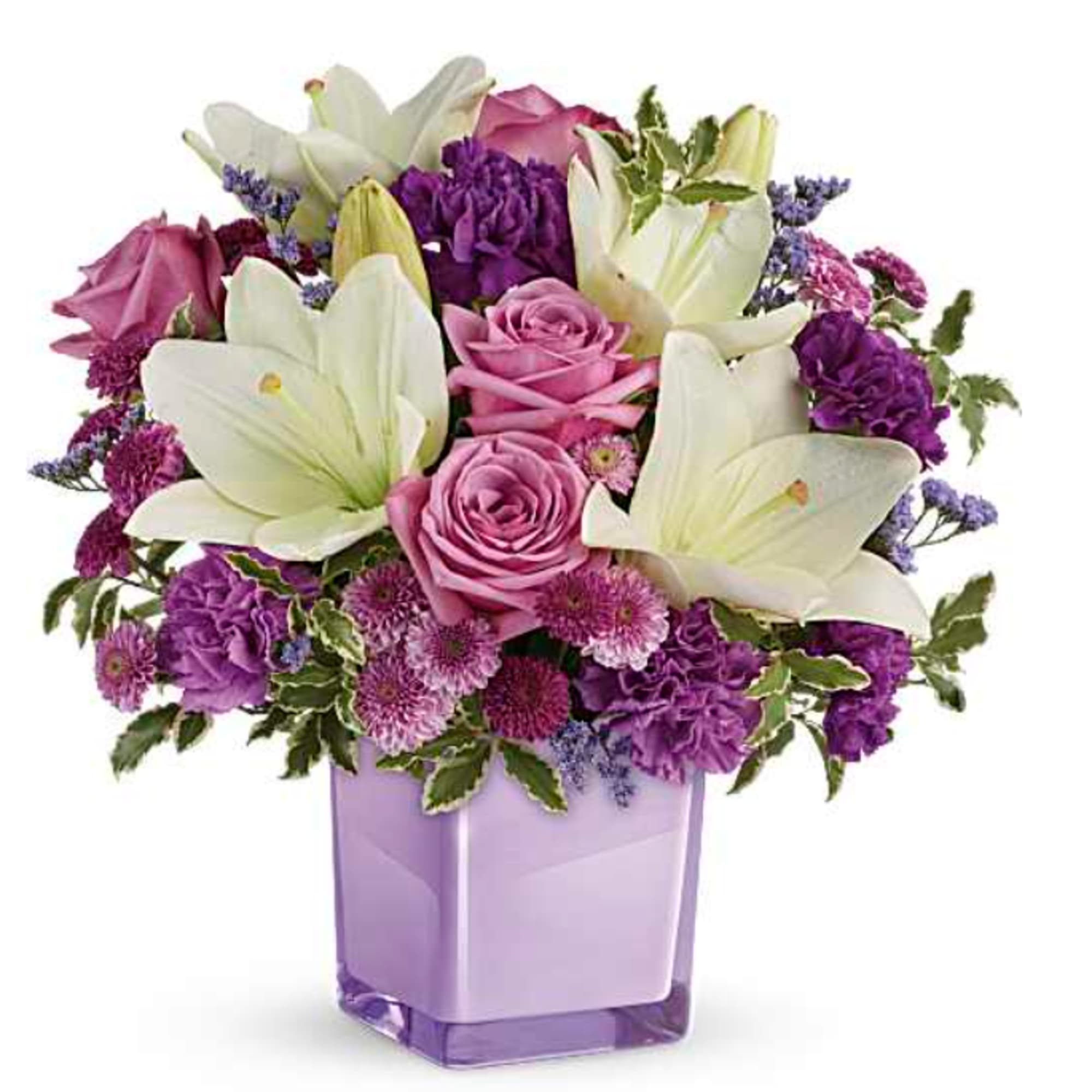 Lavender roses, white asiatic lilies, purple carnations, lavender carnations, purple button spray