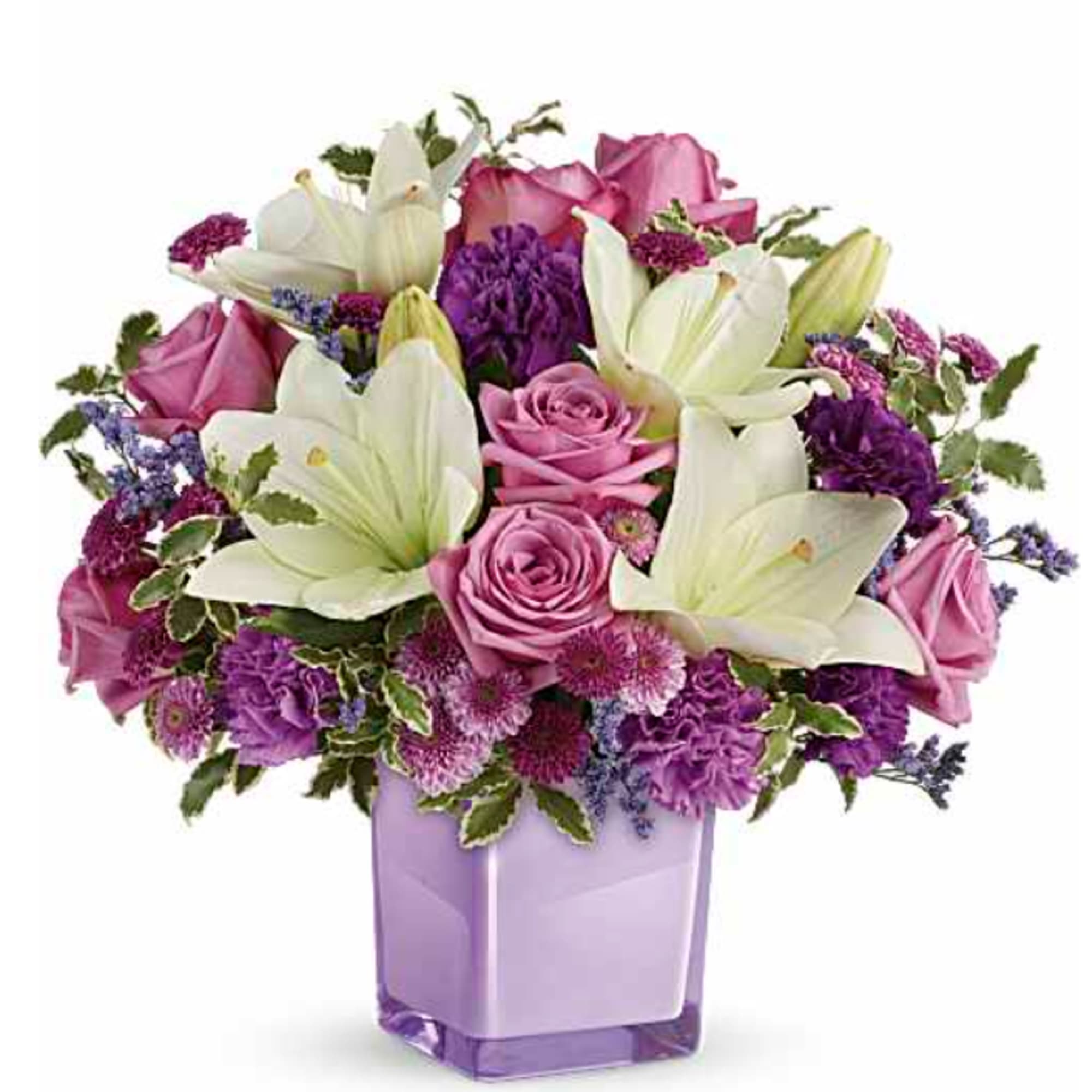 Lavender roses, white asiatic lilies, purple carnations, lavender carnations, purple button spray