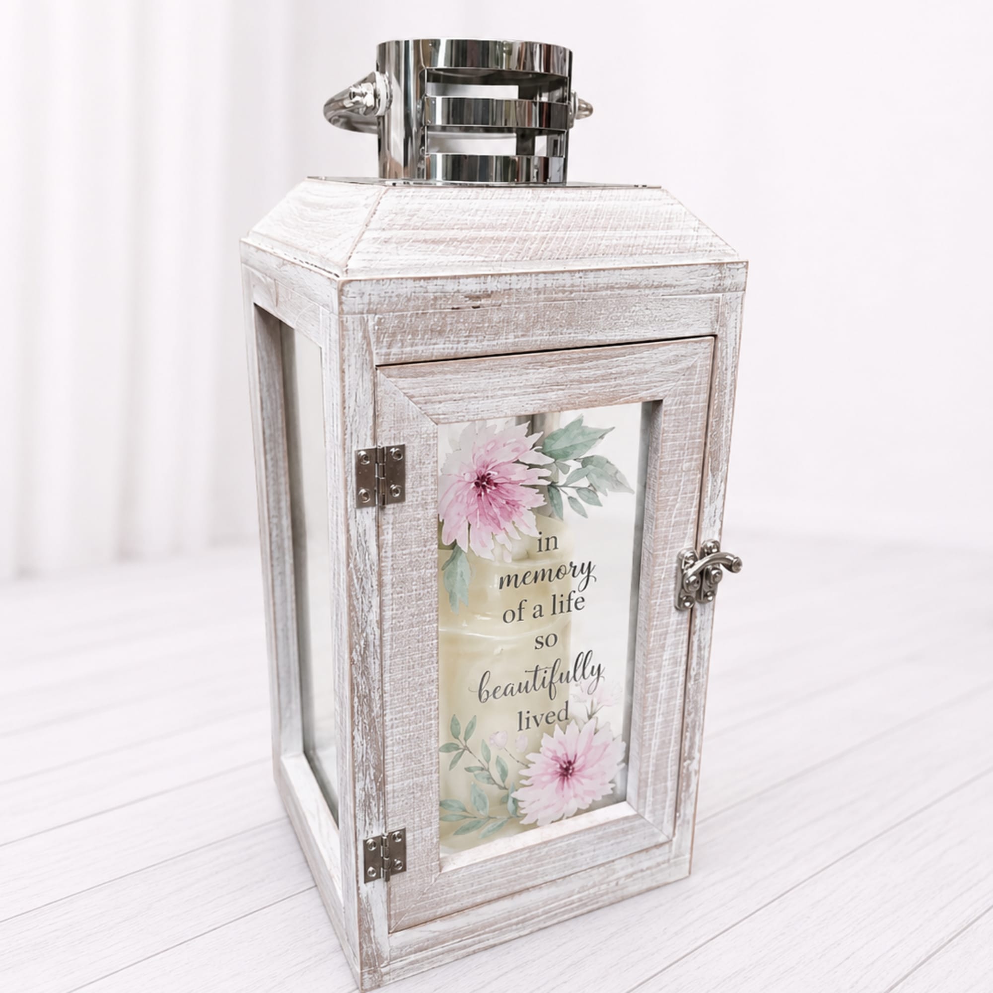 This Memorial Lantern is a timeless sympathy keepsake designed to honor and