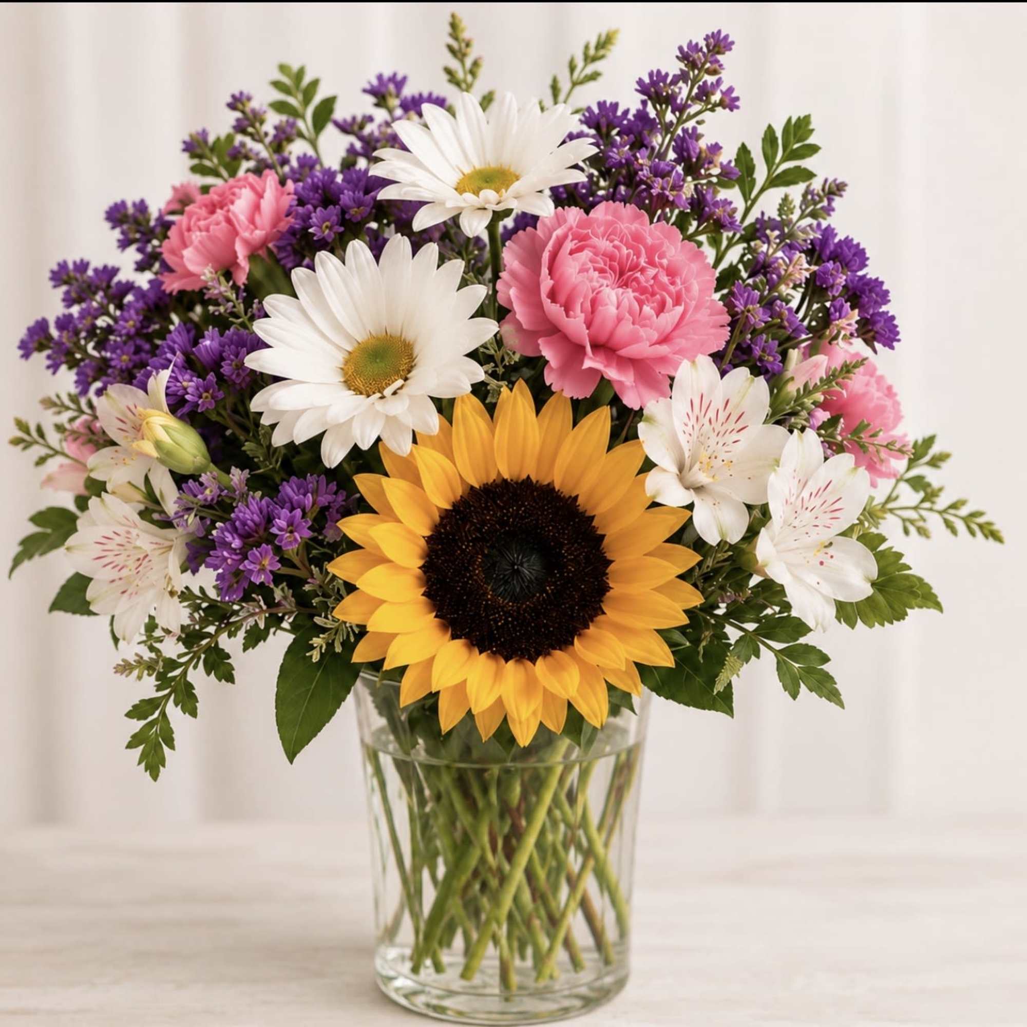 A bright sunflower takes center stage in this mixed-color appreciation bouquet, the