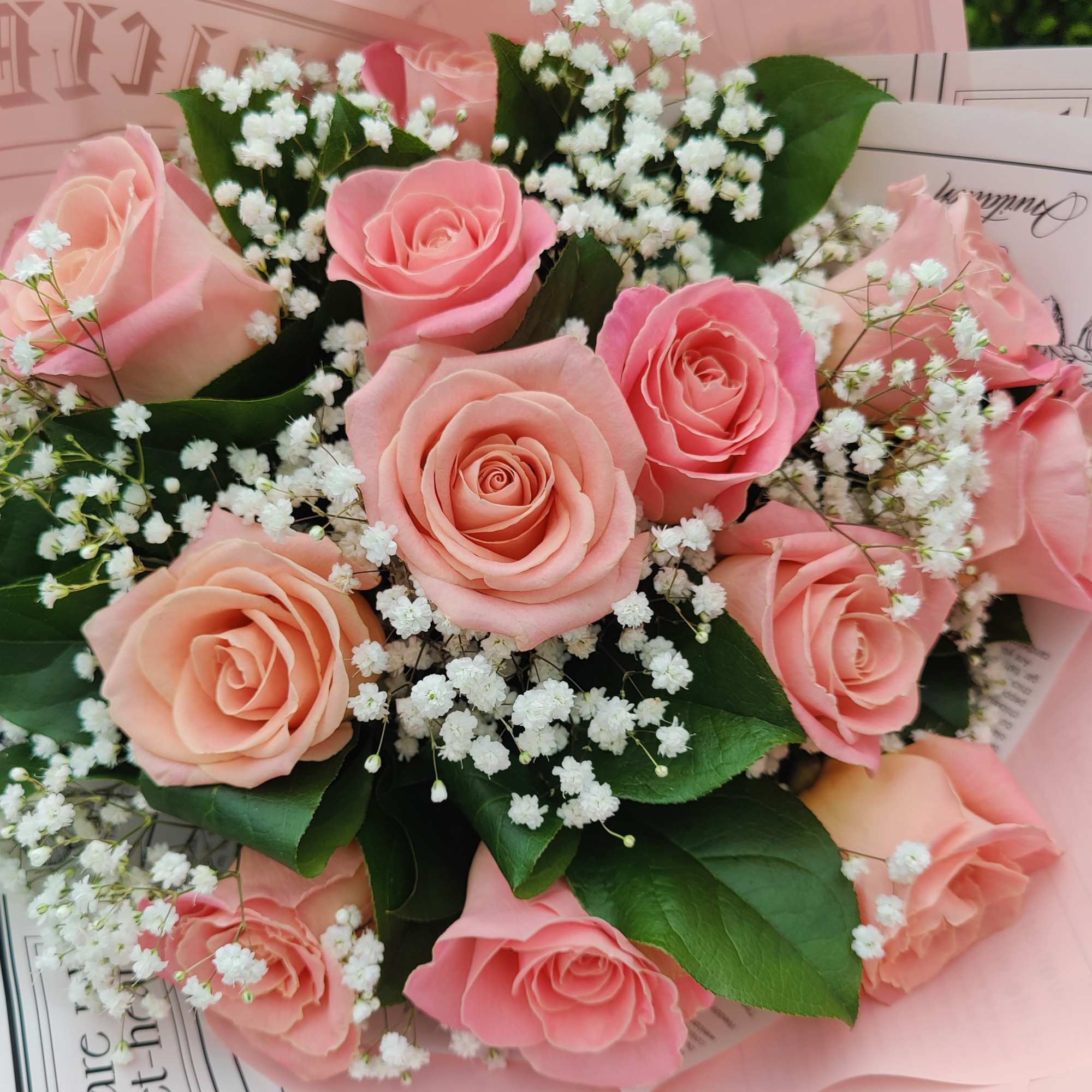 Hand-tied bouquet of pink and peach roses with white baby's breath in soft pink wrapping