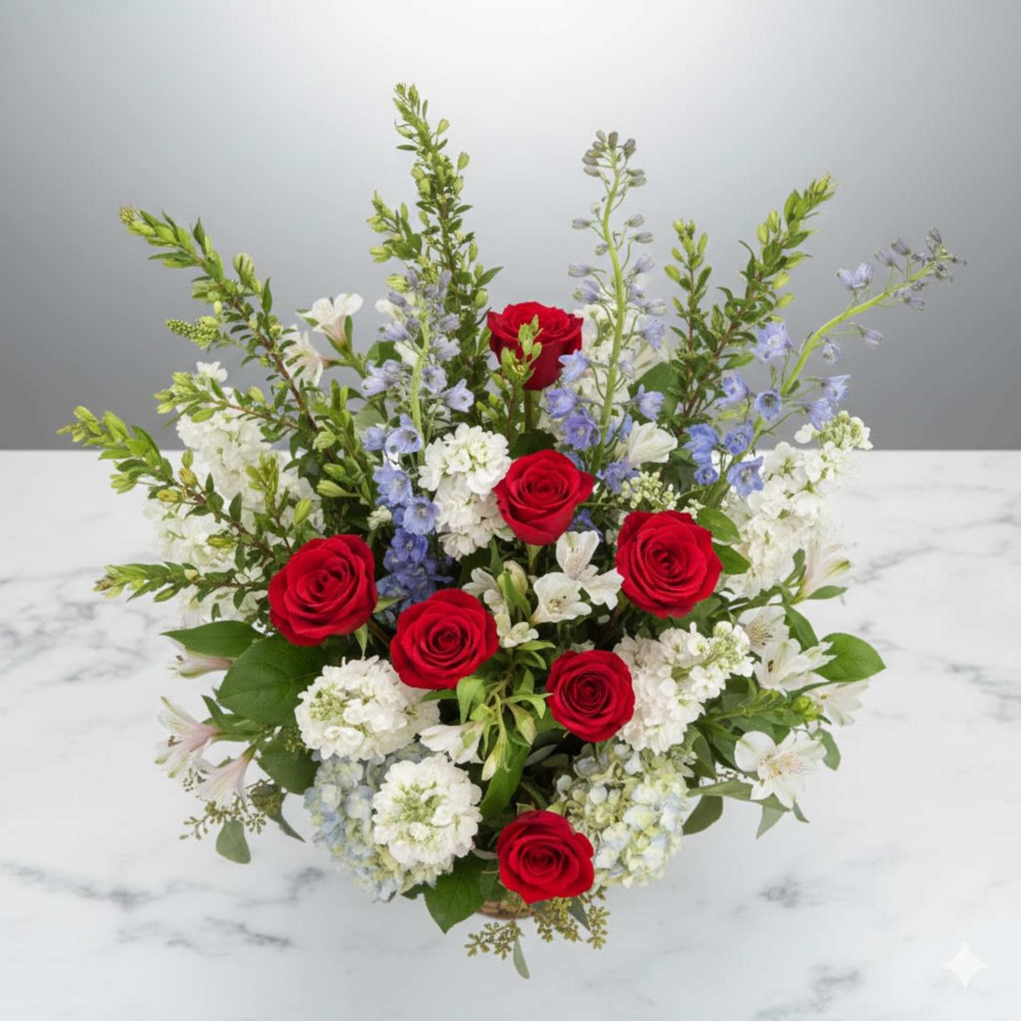 Pet Friendly?
NO . This arrangement contains Hydrangea and Delphinium, which can