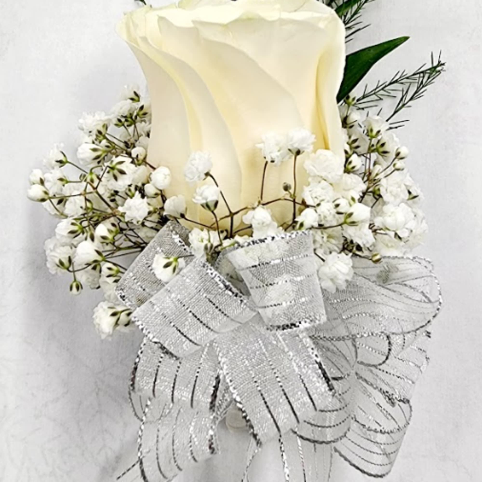 White rose boutonniere with baby's breath and silver ribbon