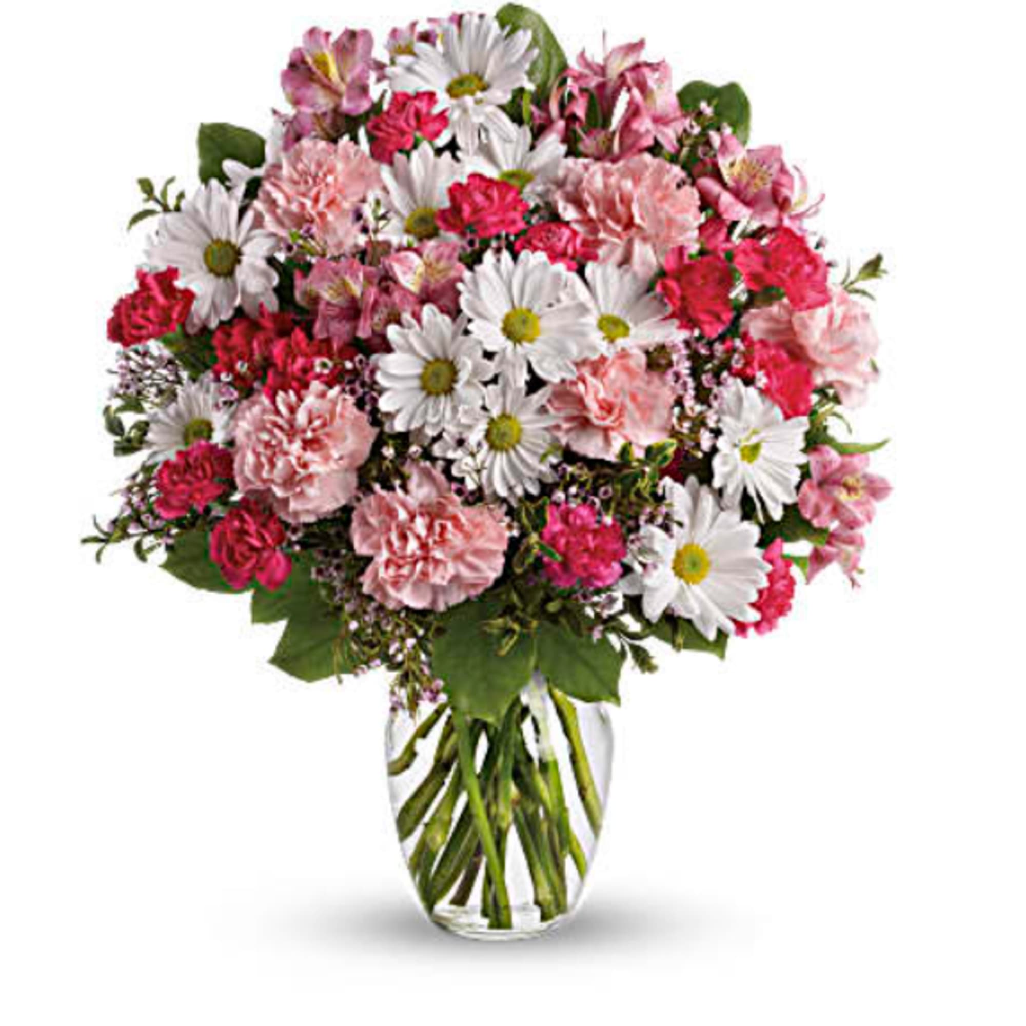 Mixed pink and white bouquet in a clear glass vase