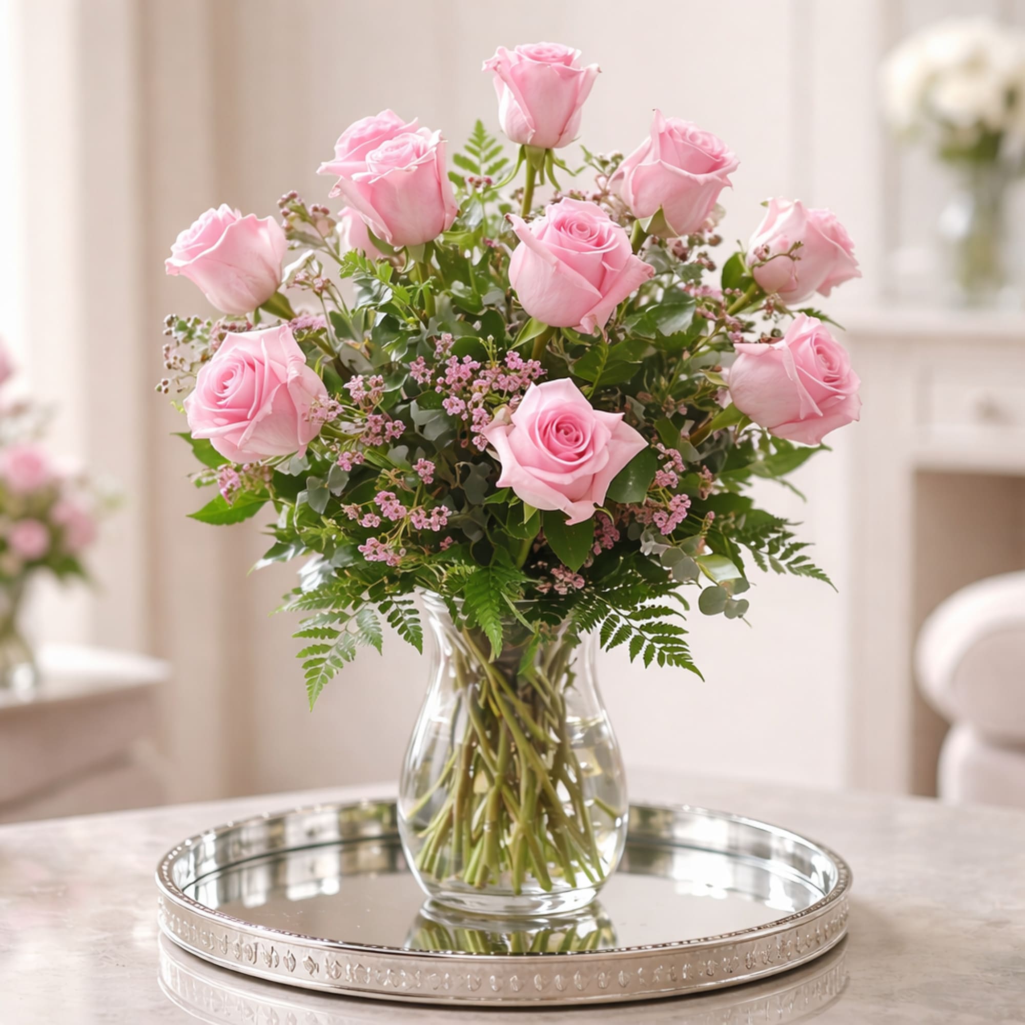 One Dozen Beautifully Arranged Pink Roses In Glass Vase With Fillers And