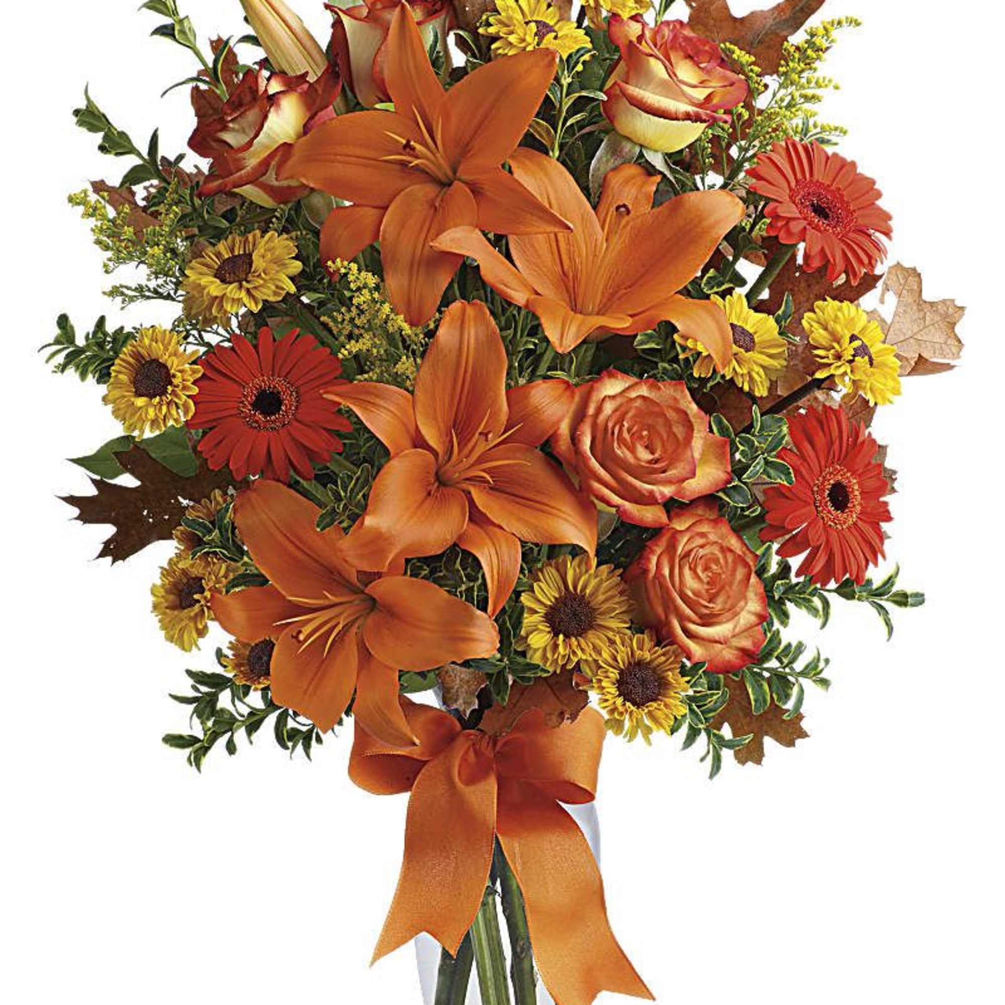 Orange lilies and roses with yellow daisies in a glass vase