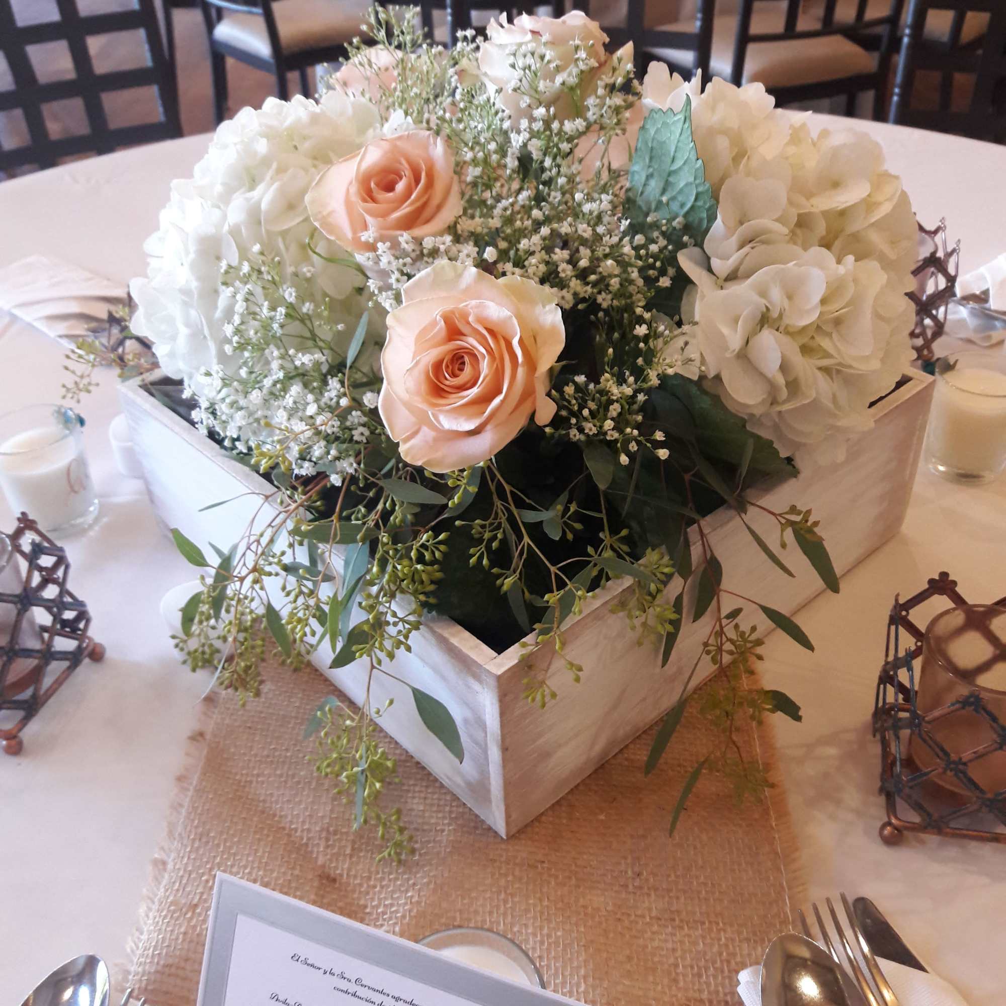 Pink roses, Hydrangeas, Baby Breath, greens