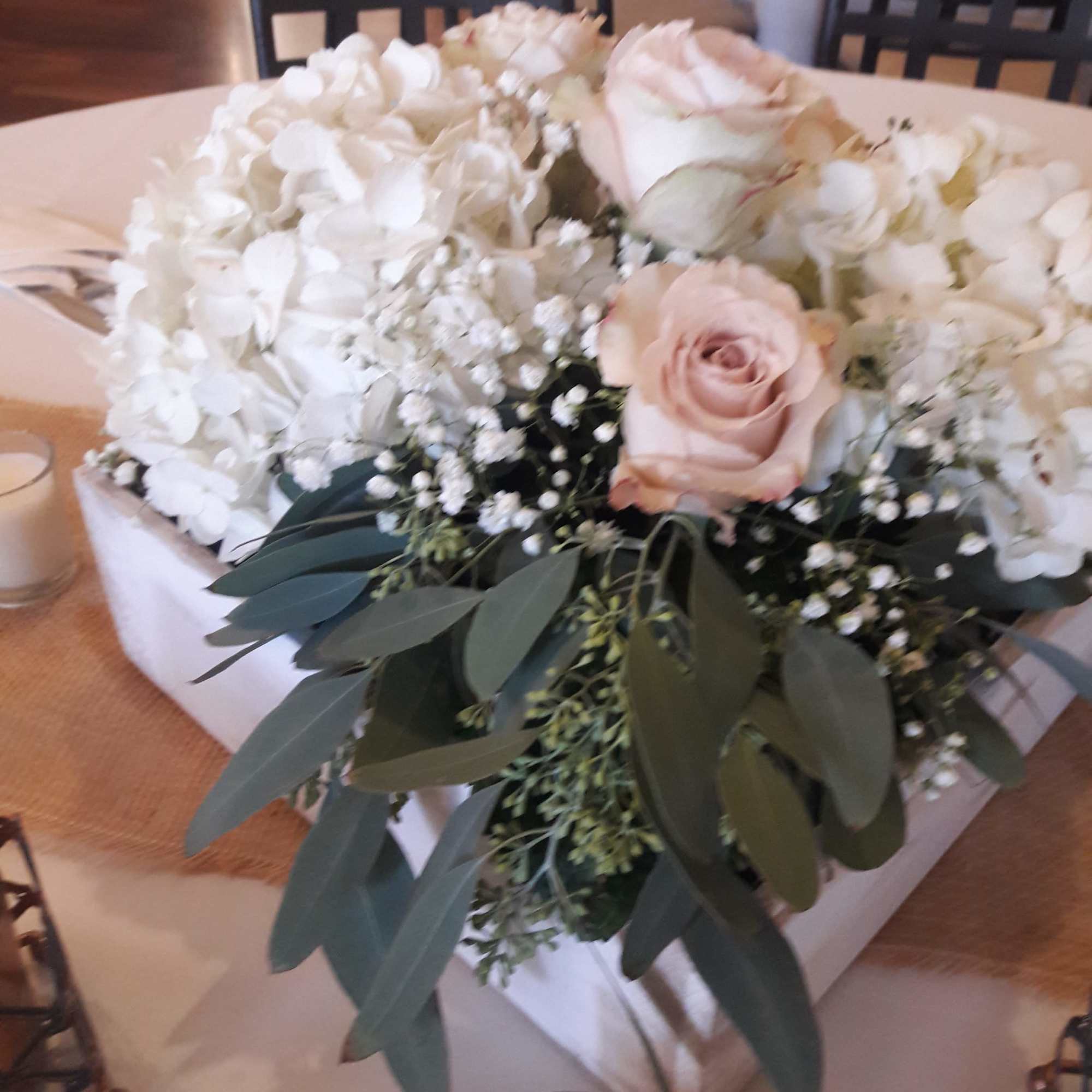 Pink roses, Hydrangeas, Baby Breath, greens