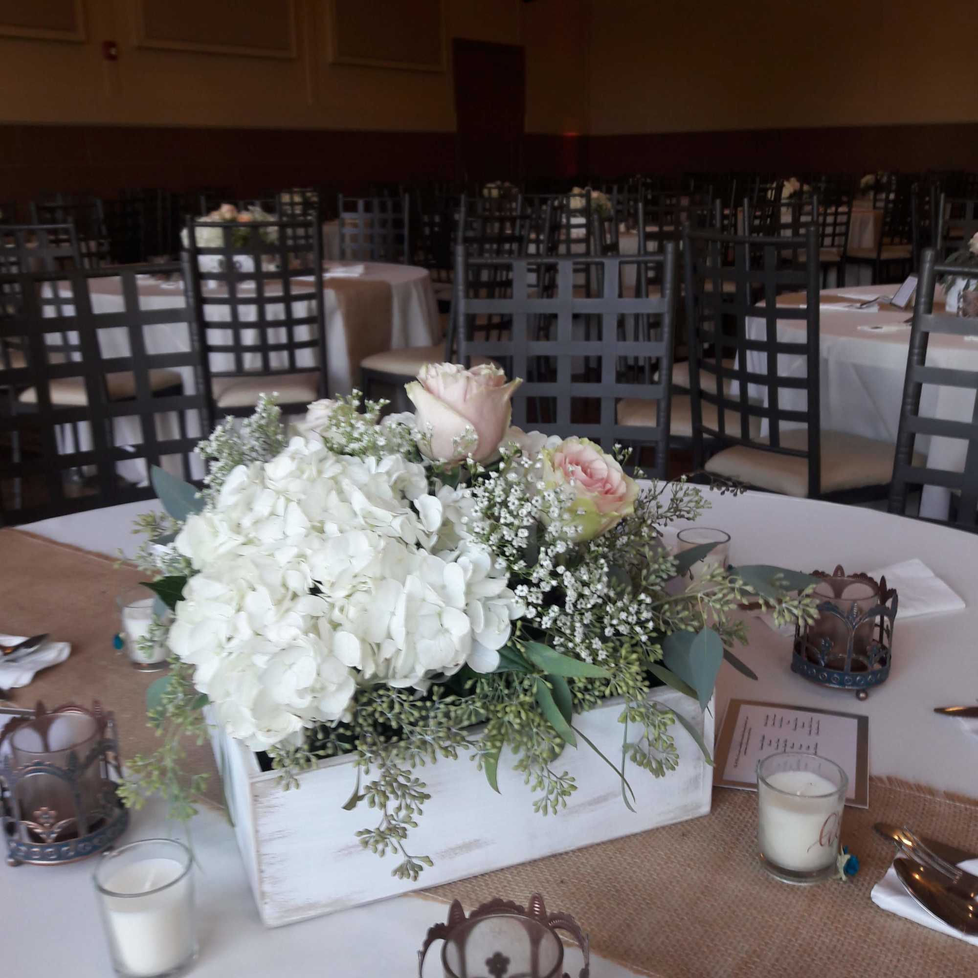Pink roses, Hydrangeas, Baby Breath, greens
