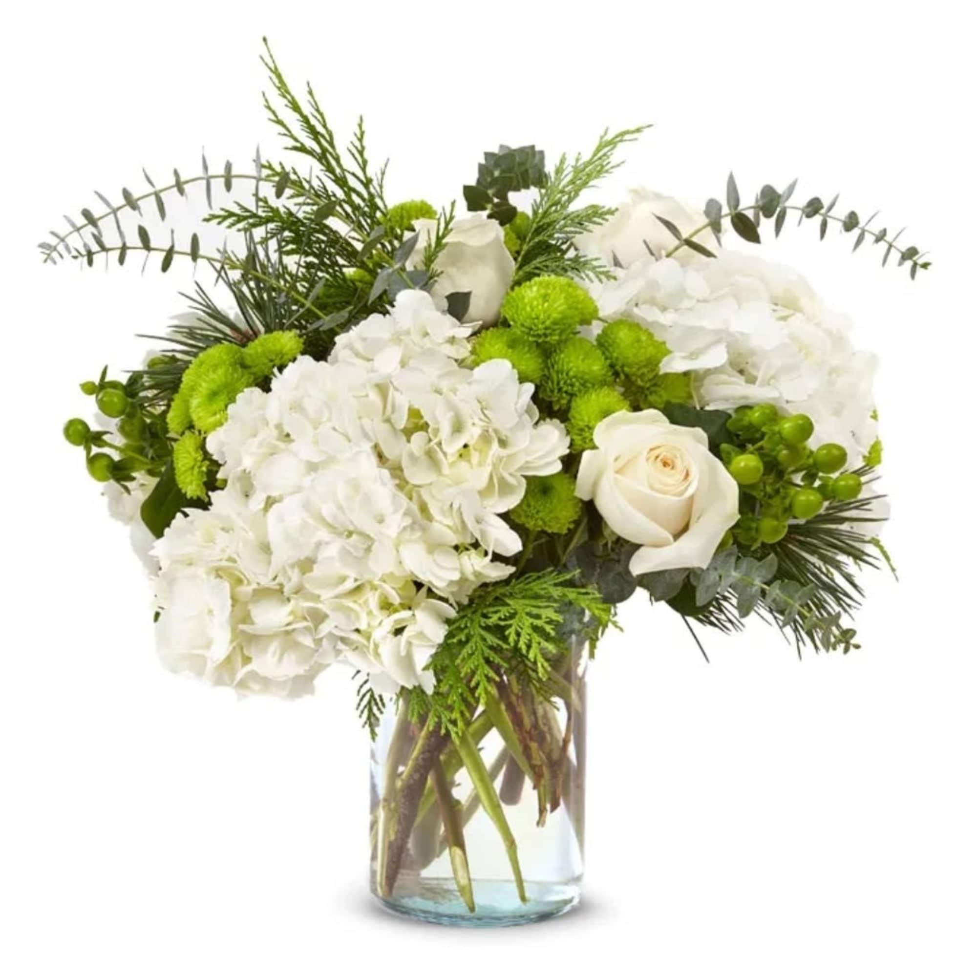 White hydrangeas and roses in a clear glass vase with bright green accents