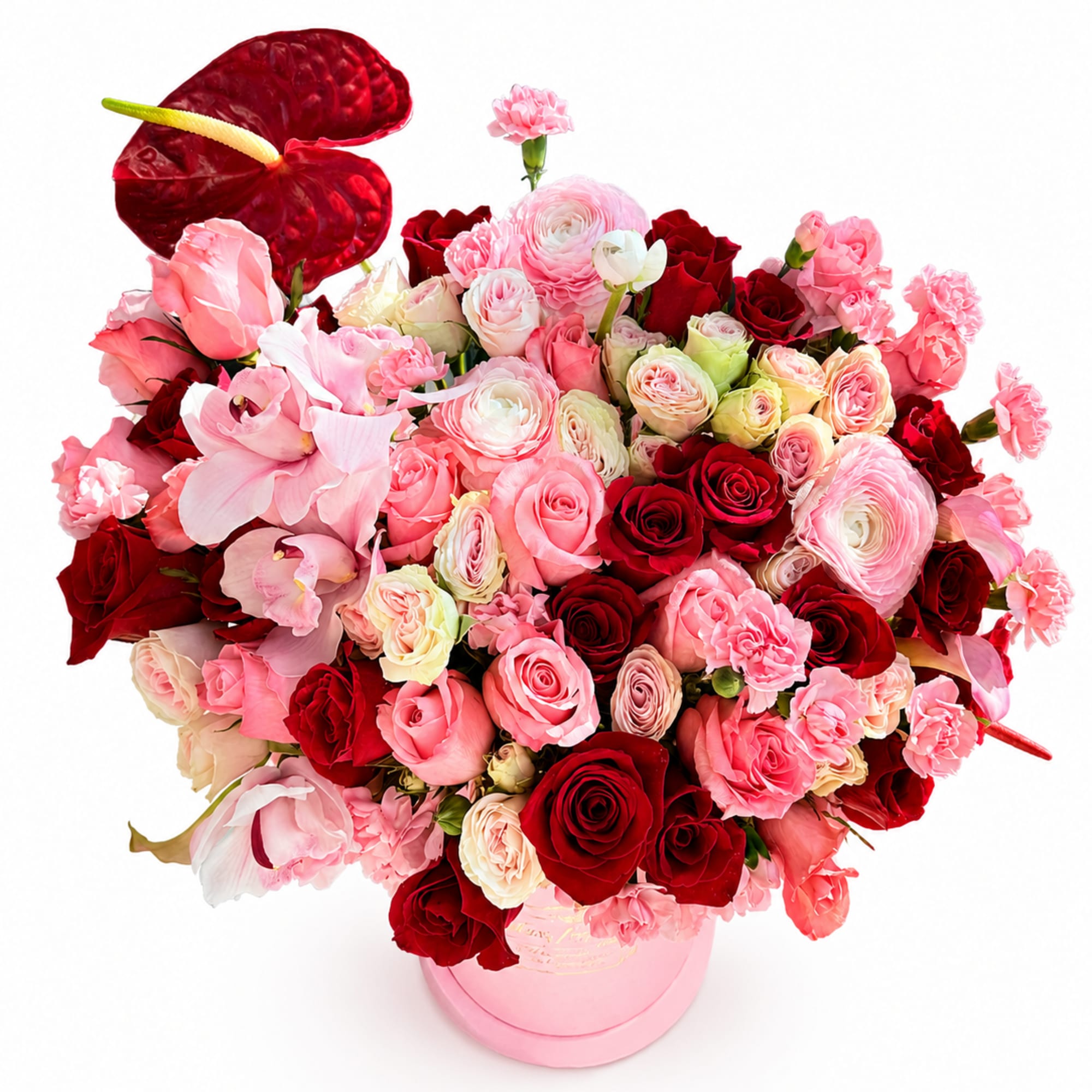 A romantic luxury arrangement designed with premium roses, ranunculus, orchids. This arrangement